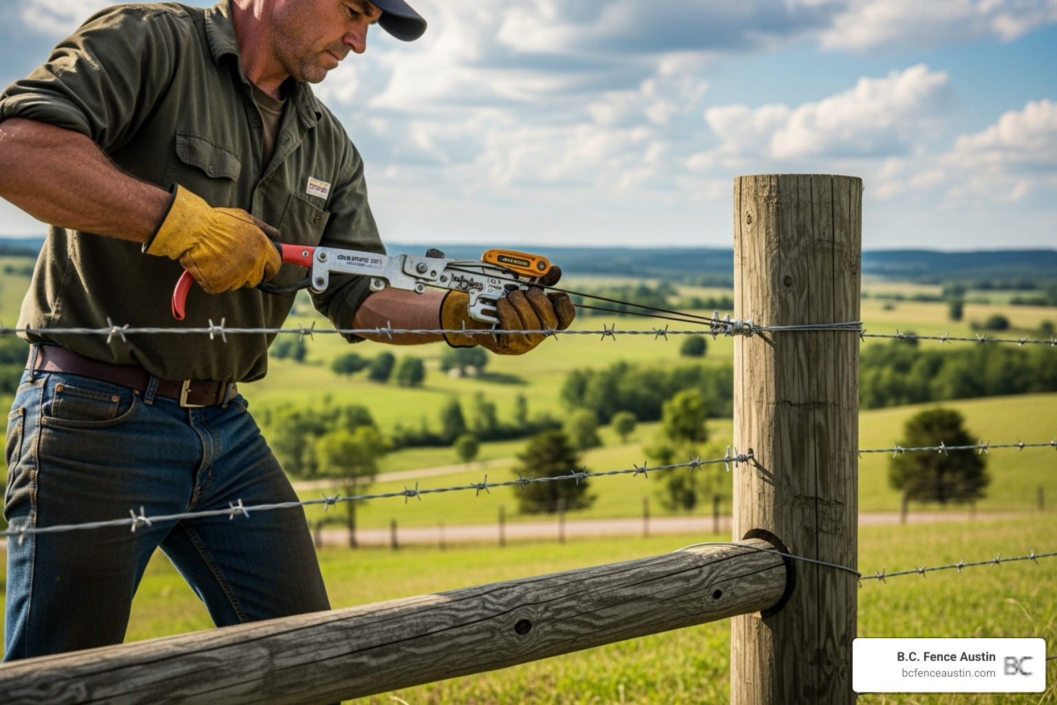 fencing contractor tensioning a strand of barbed wire - barbed wire fence cost