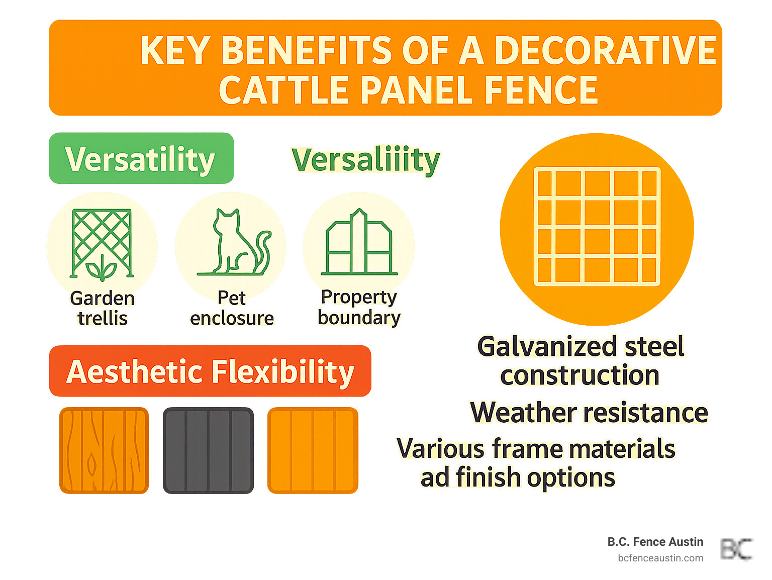 Infographic showing the three main benefits of decorative cattle panel fences: Versatility with icons showing garden trellis, pet enclosure, and property boundary uses; Durability featuring galvanized steel construction and weather resistance; and Aesthetic Flexibility displaying various frame materials like wood, metal, and finish options - decorative cattle panel fence infographic 