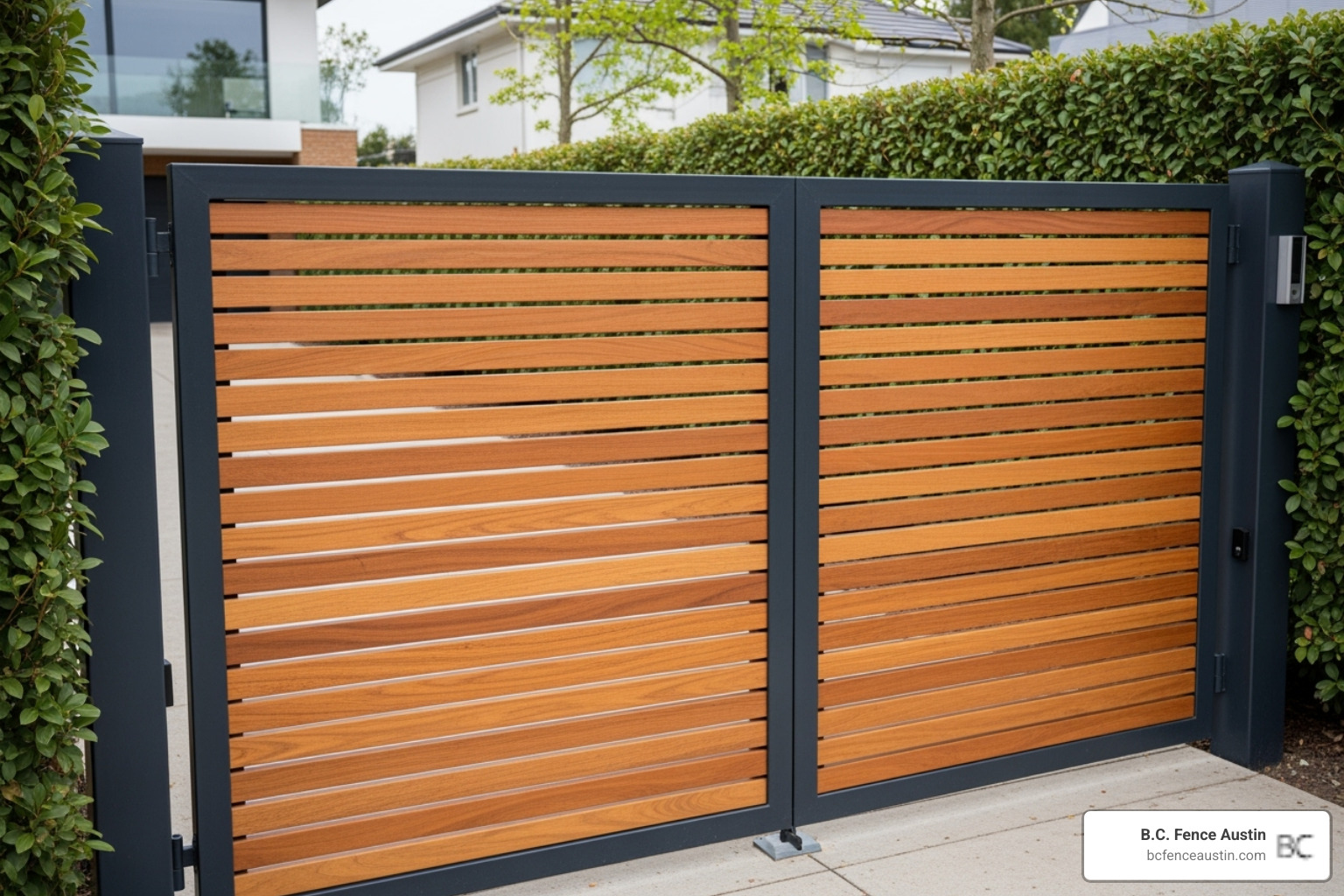 A modern horizontal slat wood gate with a steel frame - custom gates Austin