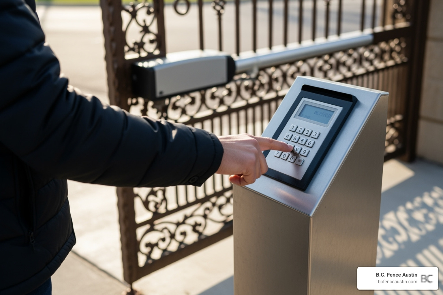 A person using a keypad to open an automatic gate - custom gates Austin