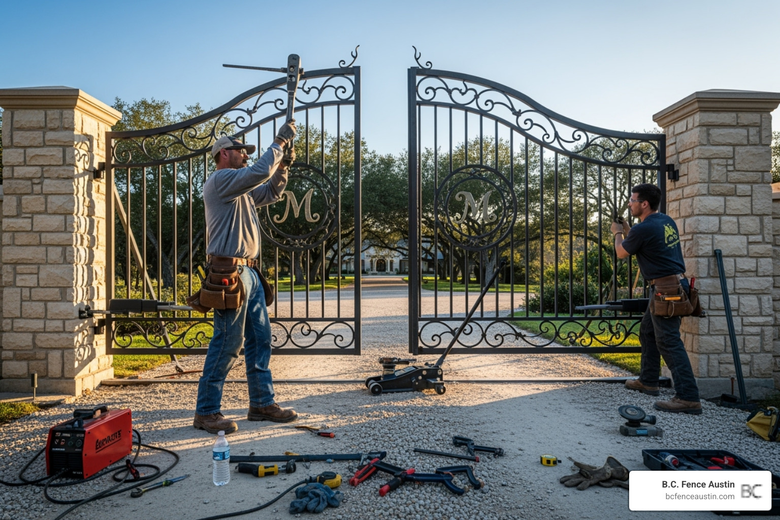 Skilled craftsmen installing a large custom gate - custom gates Austin