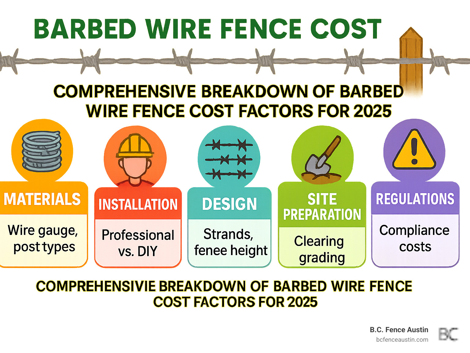 Comprehensive breakdown of barbed wire fence cost factors including materials like wire gauge and post types, installation considerations such as professional versus DIY labor, design specifications including strand count and height, site preparation requirements, and regulatory compliance costs - barbed wire fence cost infographic 