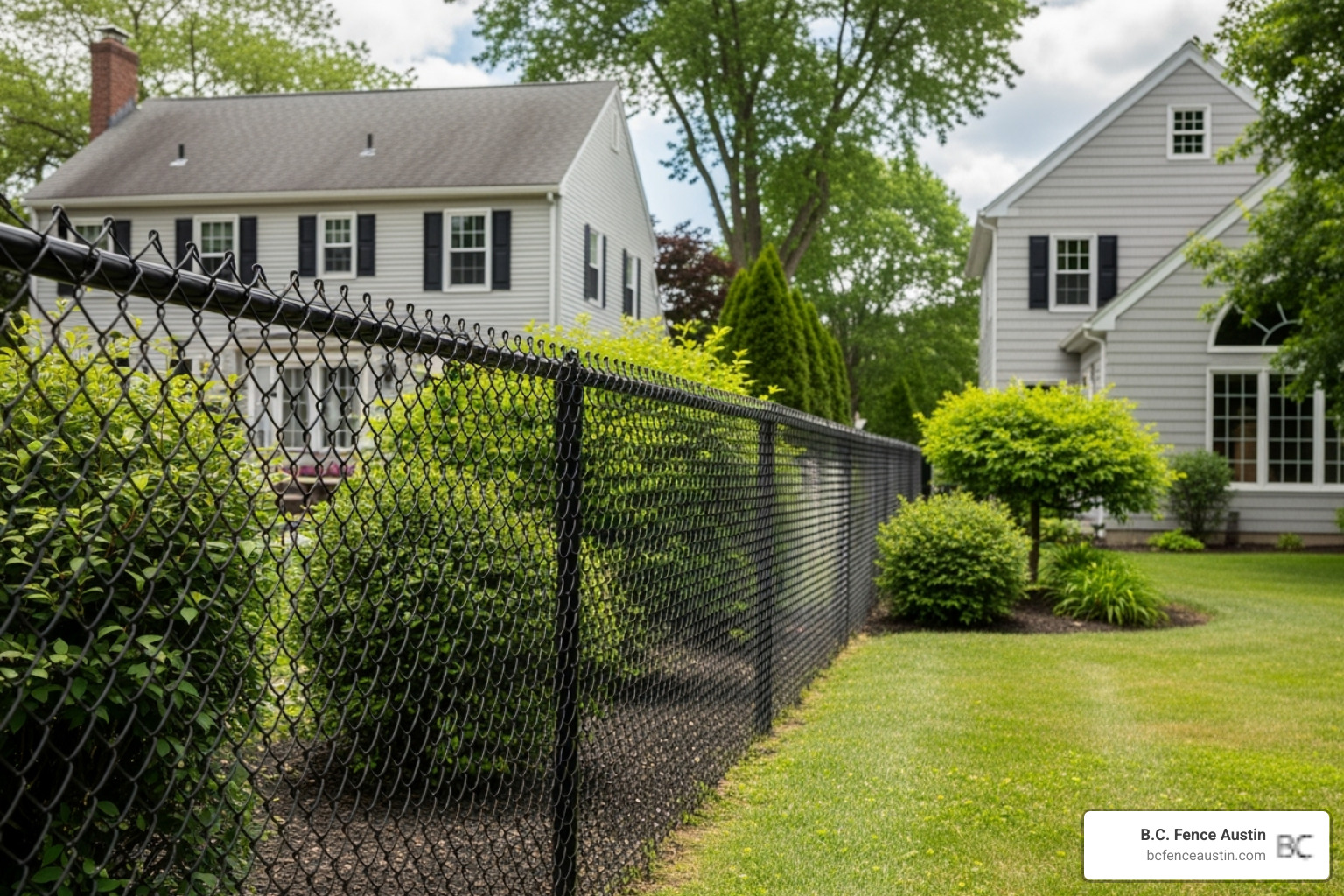 black vinyl-coated chain-link fence in a backyard - affordable fencing options