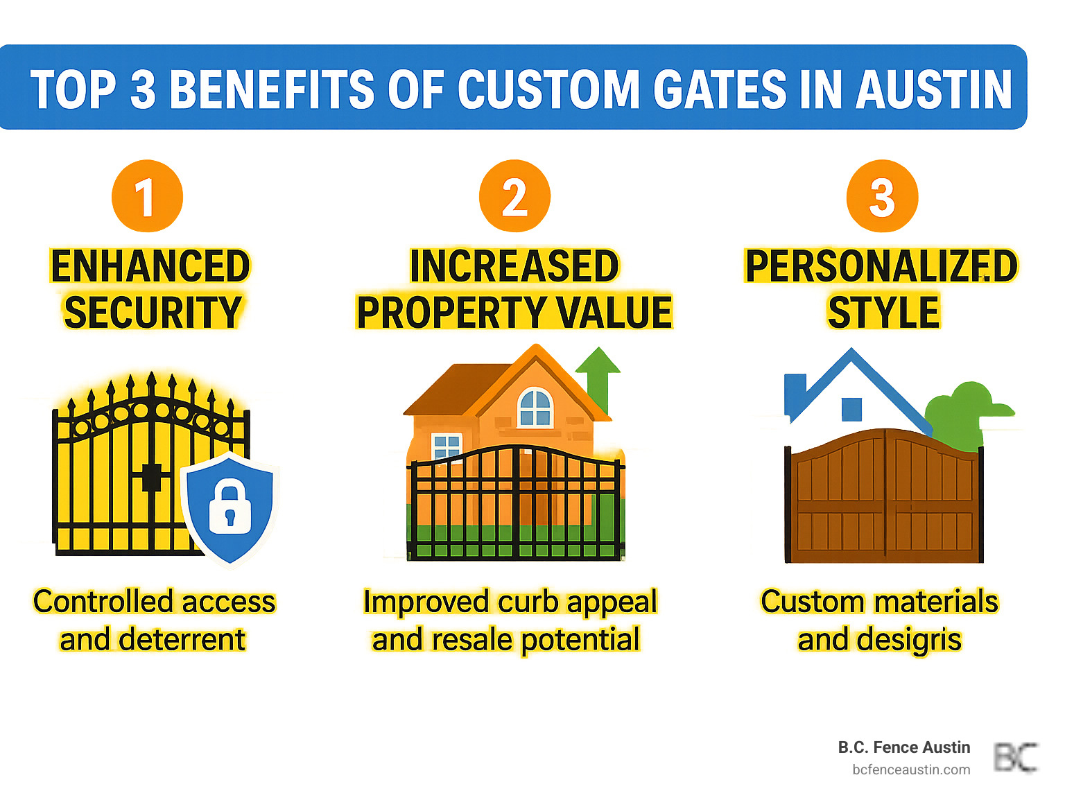 Infographic showing the top 3 benefits of custom gates in Austin: Improved Security with controlled access and deterrent features, Increased Property Value with improved curb appeal and resale potential, and Personalized Style with custom materials and designs that match your home's architecture - custom gates Austin infographic 