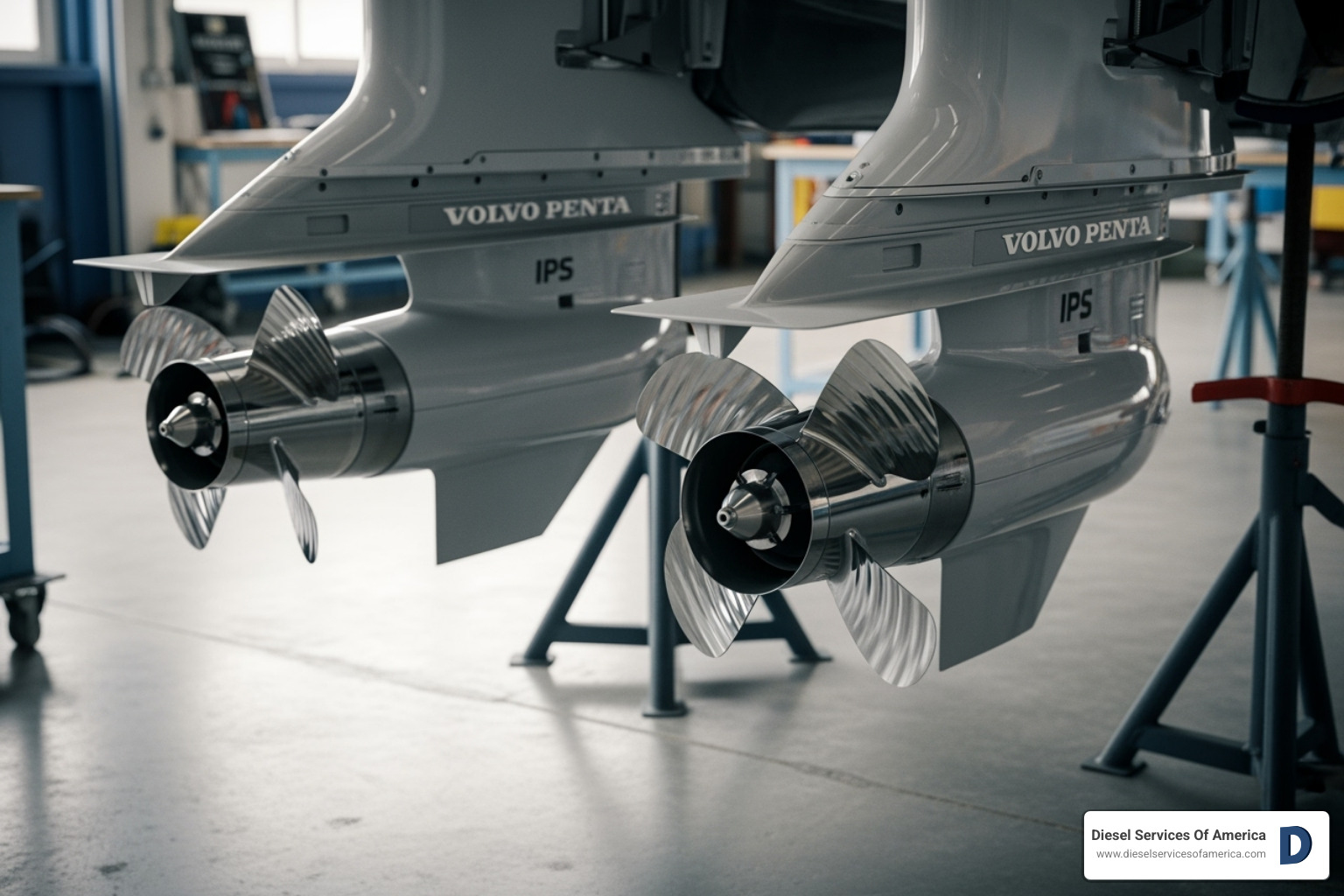 The Volvo Penta Inboard Performance System (IPS) pods, showcasing their innovative forward-facing propeller design - Marine Diesel Volva Penta Experts