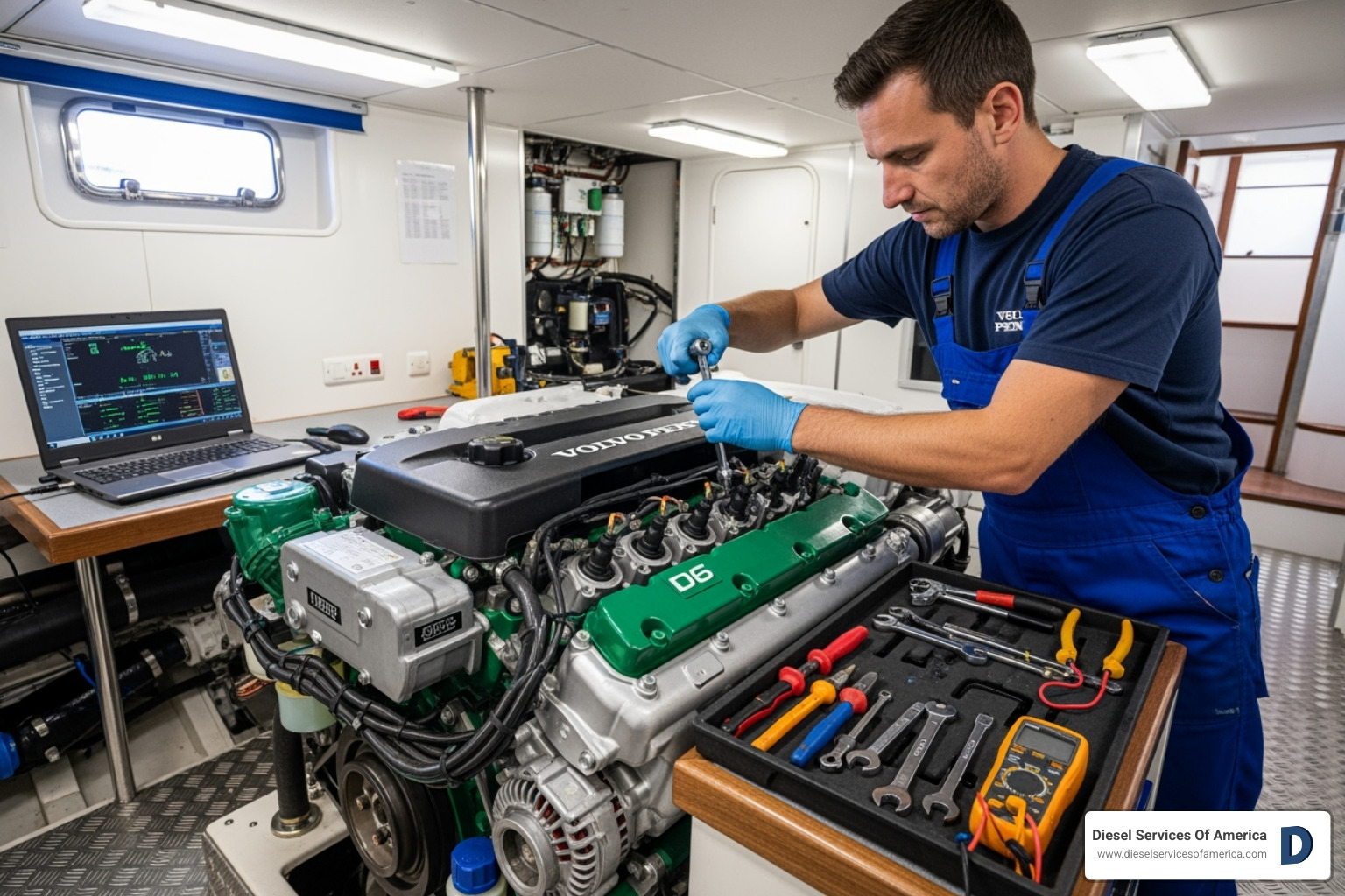 a technician performing a detailed service on a Volvo Penta engine - Marine Diesel Volva Penta Experts