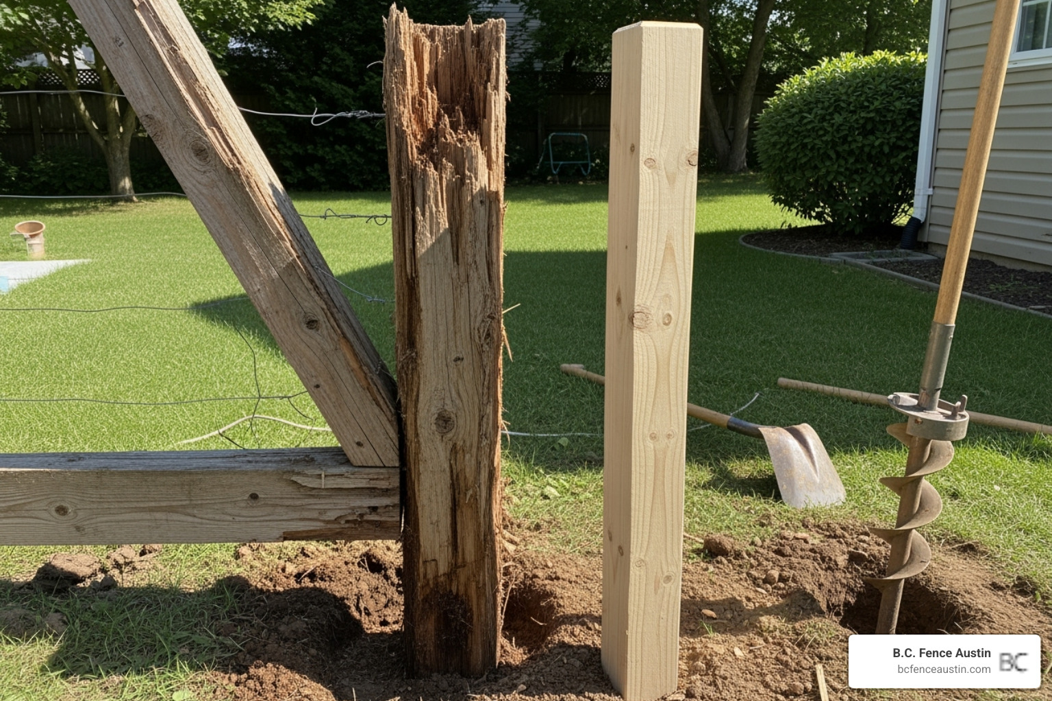 a rotted fence post being replaced next to a new one - fence repair round rock tx