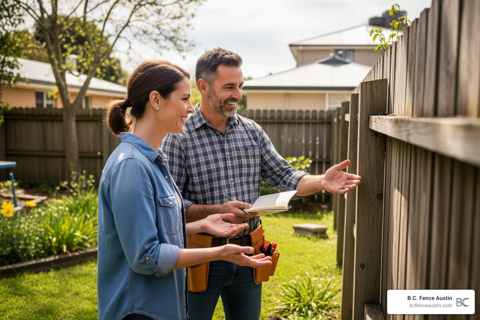a friendly contractor discussing a repair plan with a homeowner - fence repair round rock tx