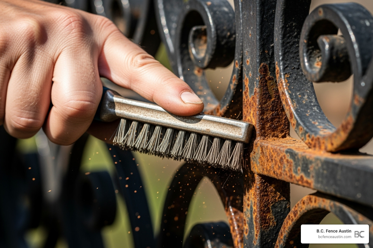wire brush being used on a rusted section of a fence - options to restore wrought iron fence