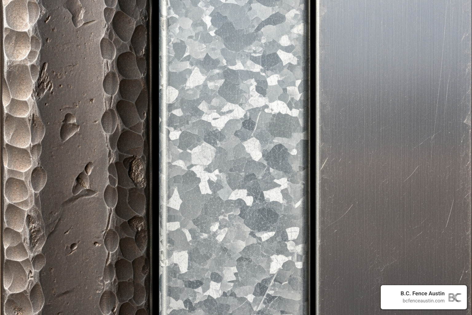 close-up comparison of true wrought iron, galvanized steel, and aluminum fencing textures - options to restore wrought iron fence