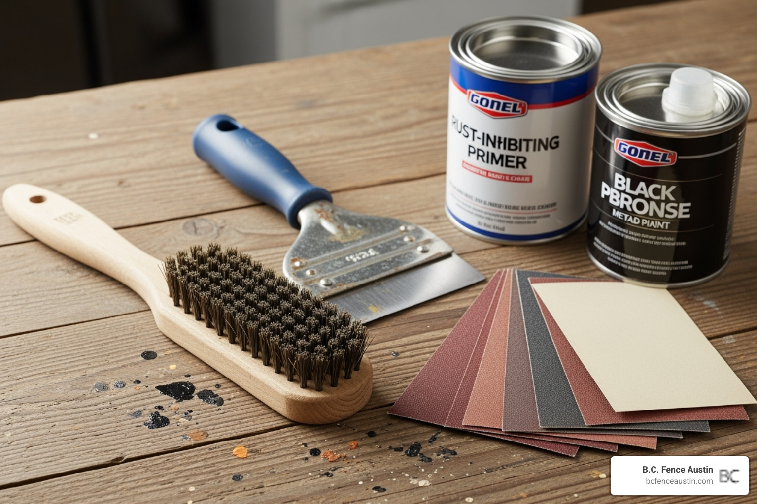 essential restoration tools laid out: wire brush, sandpaper, scraper, primer, and paint - options to restore wrought iron fence