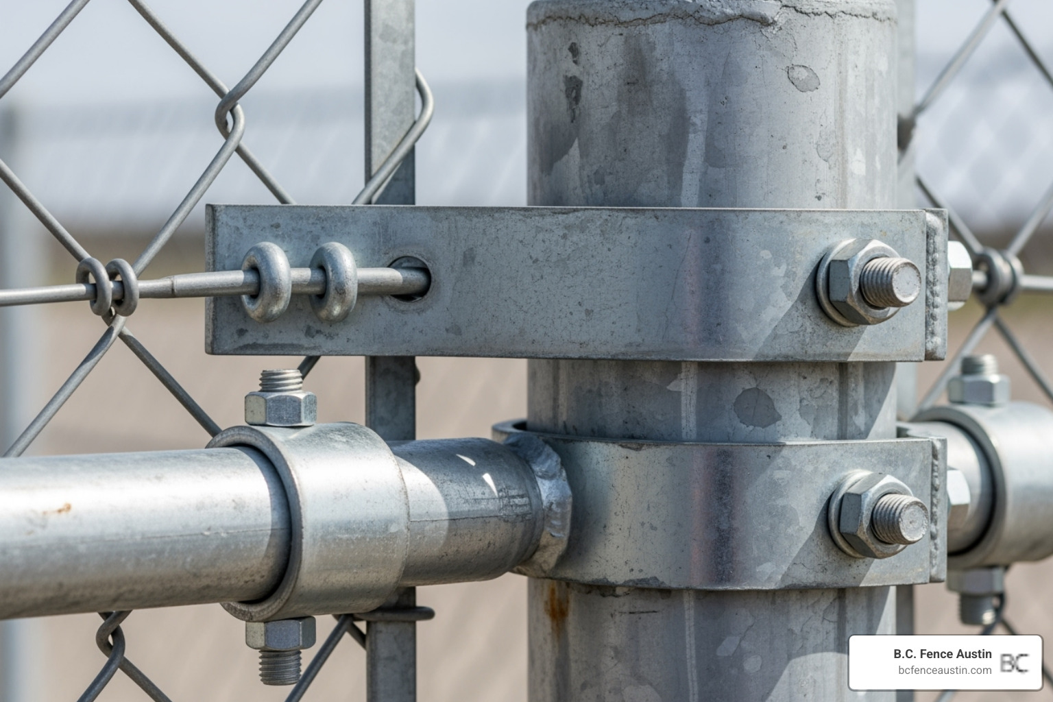 heavy-duty steel fence fittings and a thick terminal post - Chain link security fence