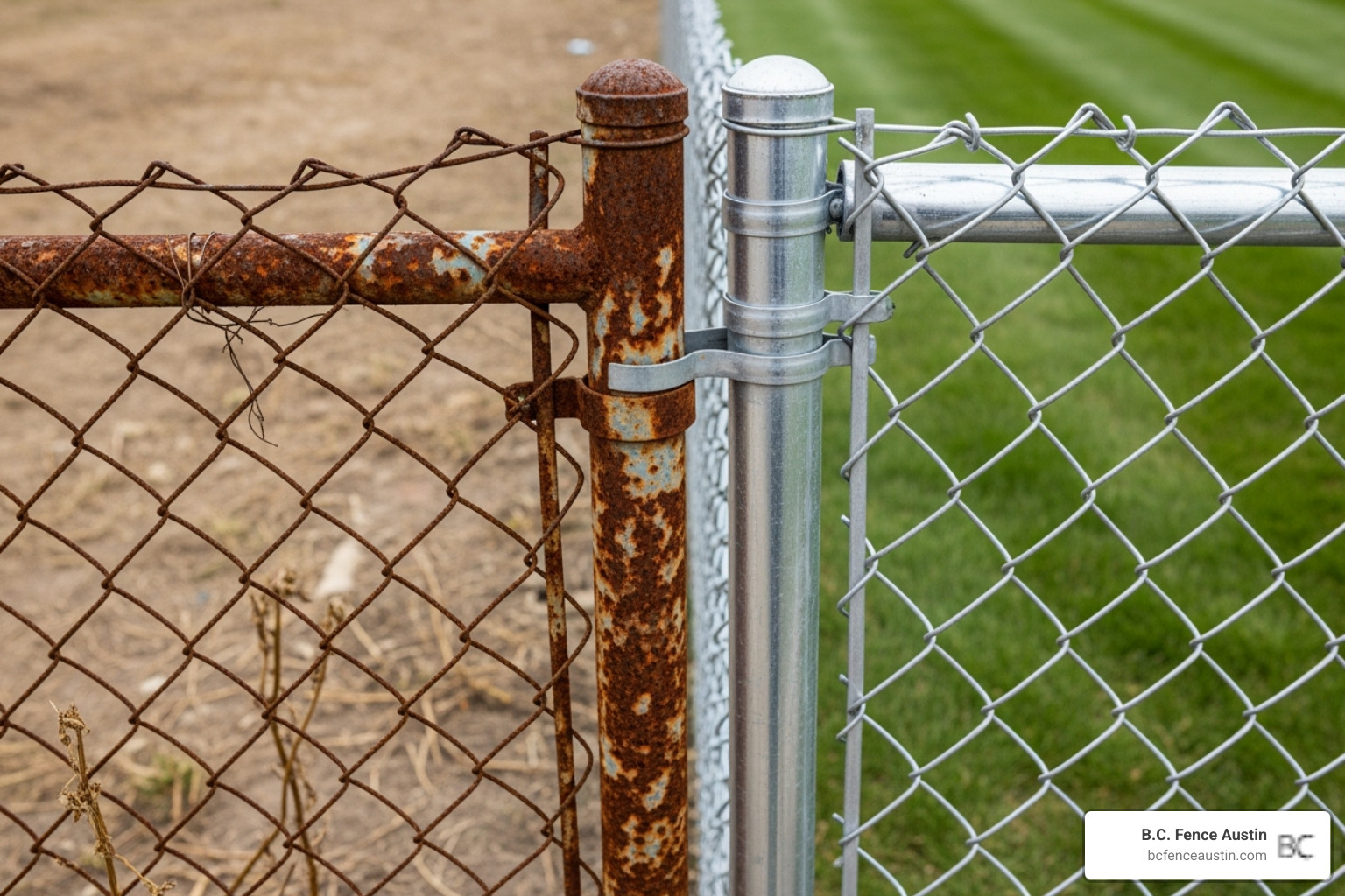 comparison of a rusted, poorly maintained fence next to a well-maintained one - Chain link security fence