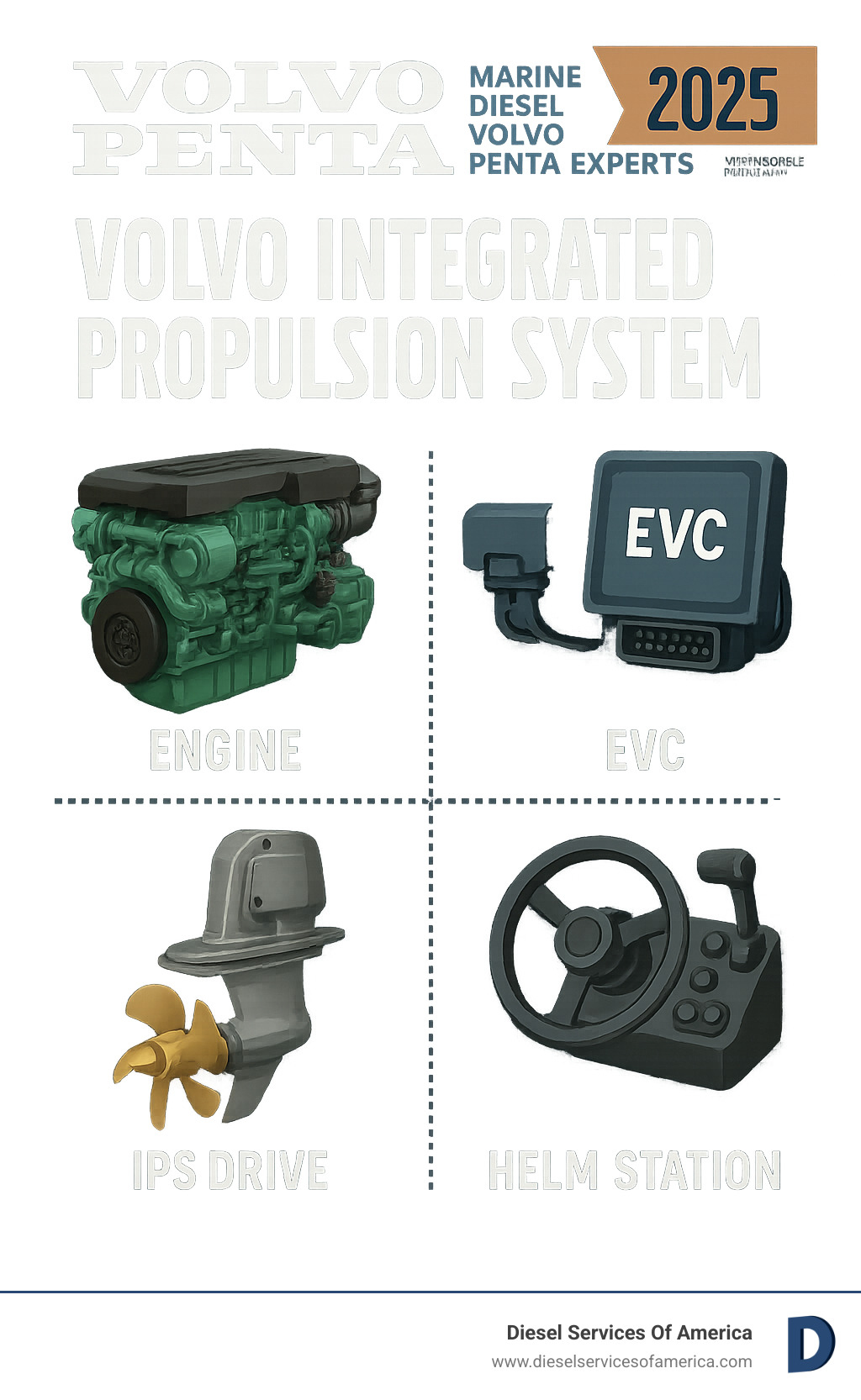 explaining the key components of a Volvo Penta Integrated Propulsion System (Engine, IPS Drive, EVC, Helm Station) - Marine Diesel Volva Penta Experts infographic 