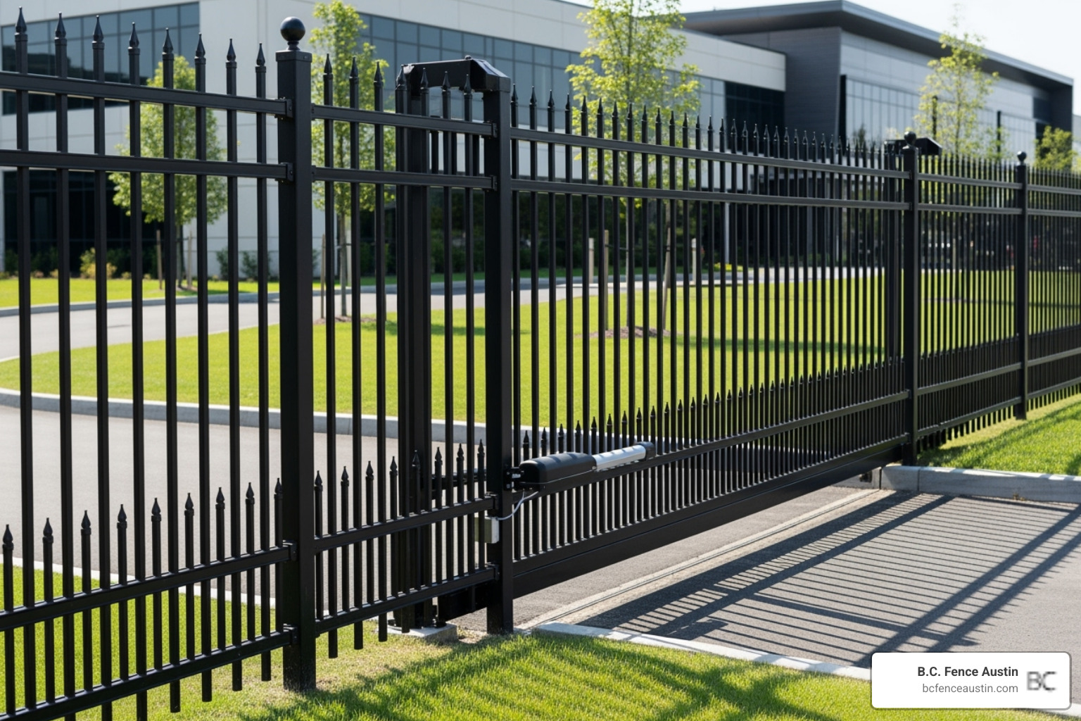 Sleek black ornamental iron fence securing a commercial property, showcasing elegance and strength - security fence solutions