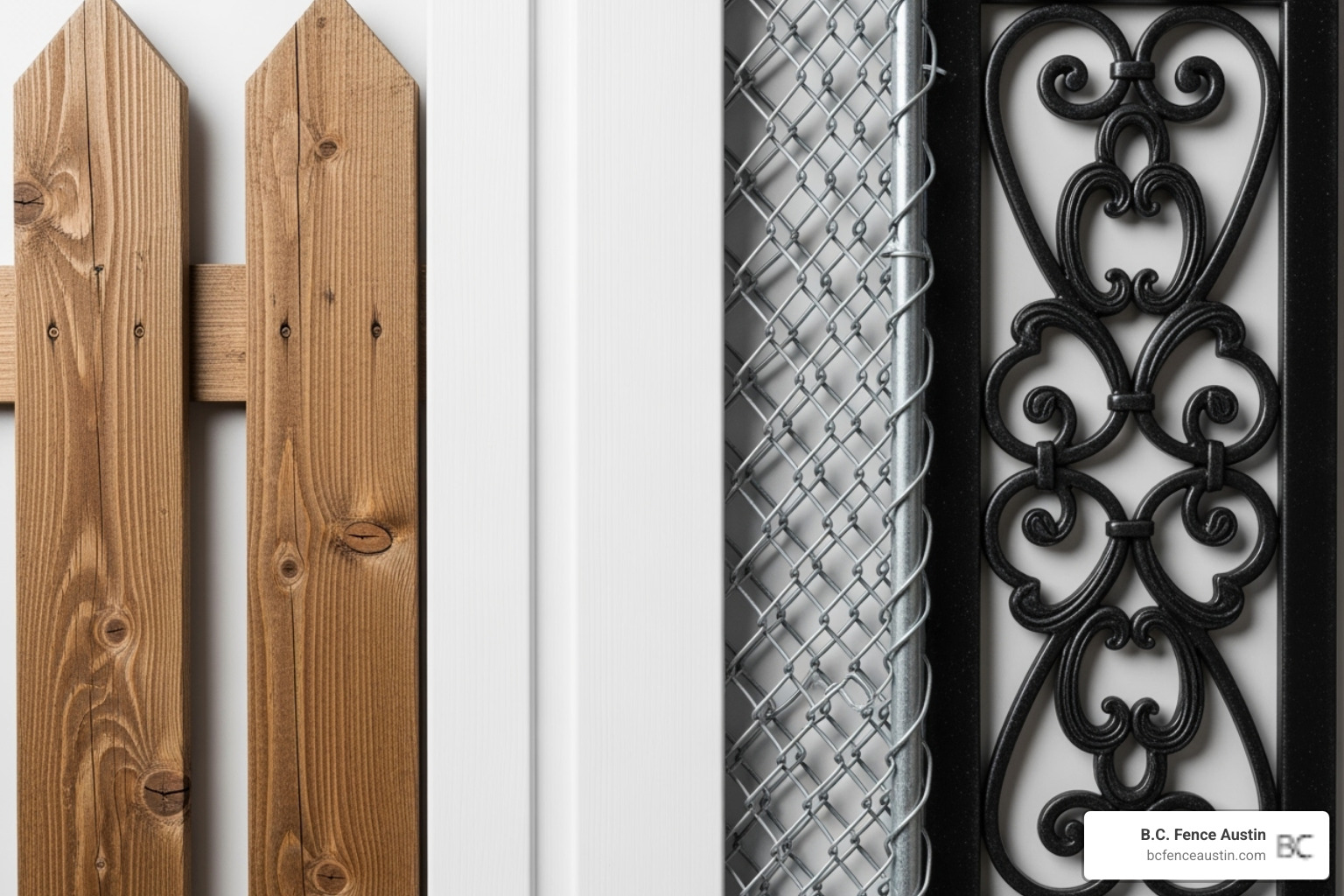 Various fencing material samples including wood, vinyl, chain link, and ornamental metal, displayed side-by-side - security fence solutions