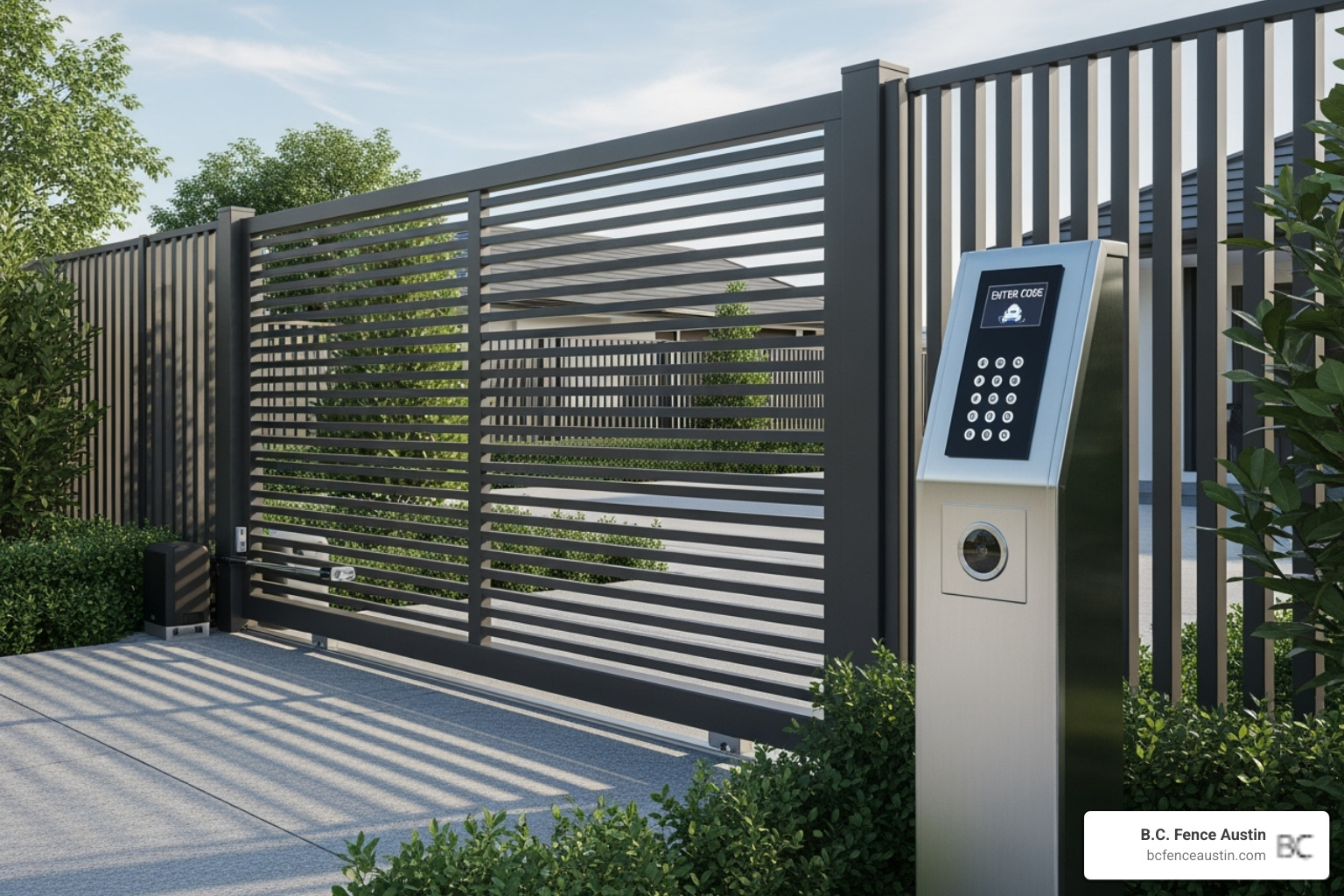 Automated sliding gate with a keypad entry system, demonstrating modern access control - security fence solutions