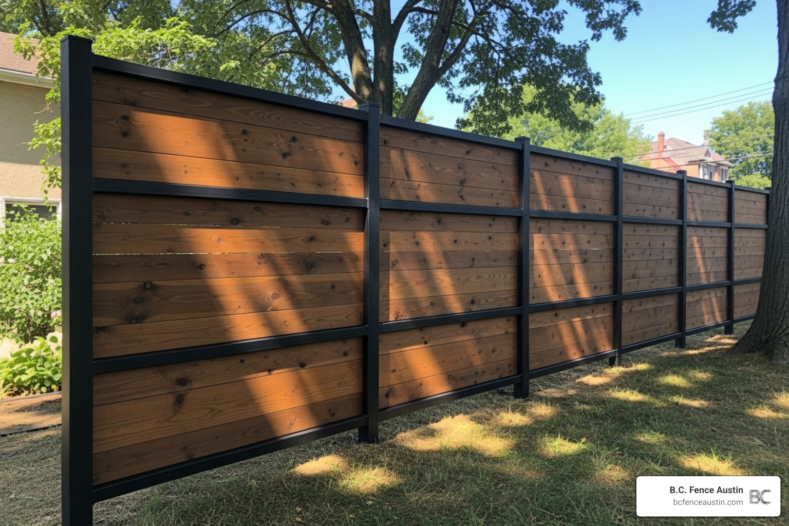 Tall, solid wood privacy fence with a steel frame, combining natural aesthetics with improved security - security fence solutions