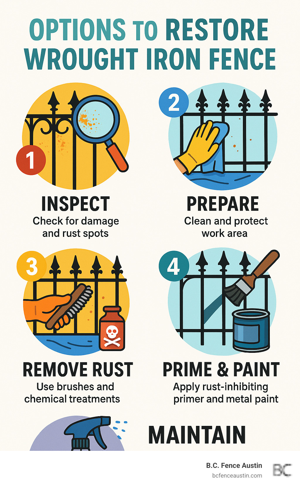 Infographic showing the 5 key stages of wrought iron fence restoration: Inspect for damage and rust spots, Prepare by cleaning and protecting work area, Remove rust using brushes and chemical treatments, Prime with rust-inhibiting primer and paint with metal-specific paint, and Maintain with regular cleaning and touch-ups - options to restore wrought iron fence infographic 