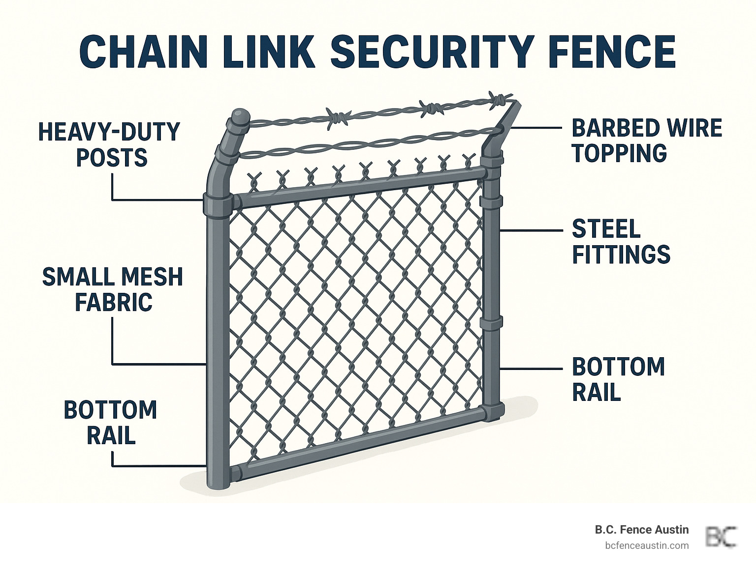 Infographic showing chain link security fence components including heavy-duty posts, small mesh fabric, bottom rail, barbed wire topping, and steel fittings with labels for each security improvement - Chain link security fence infographic 