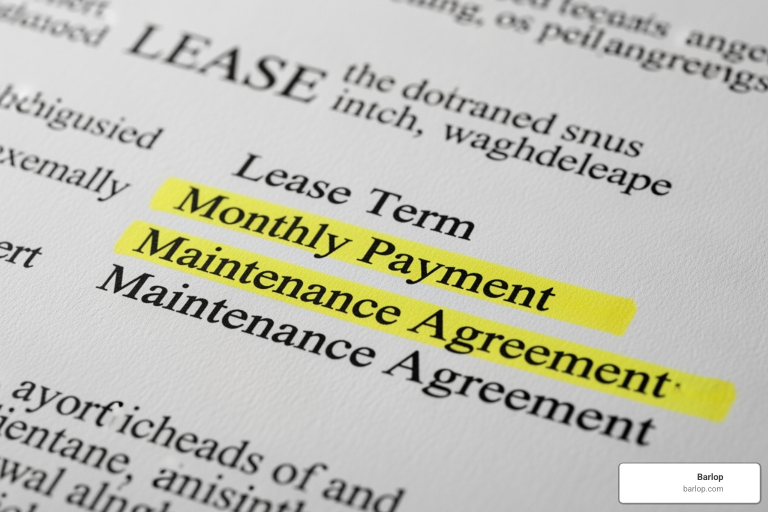 A close-up image of a sample lease agreement document with various sections like "Lease Term," "Monthly Payment," and "Maintenance Agreement" highlighted by a yellow marker. - office printer lease