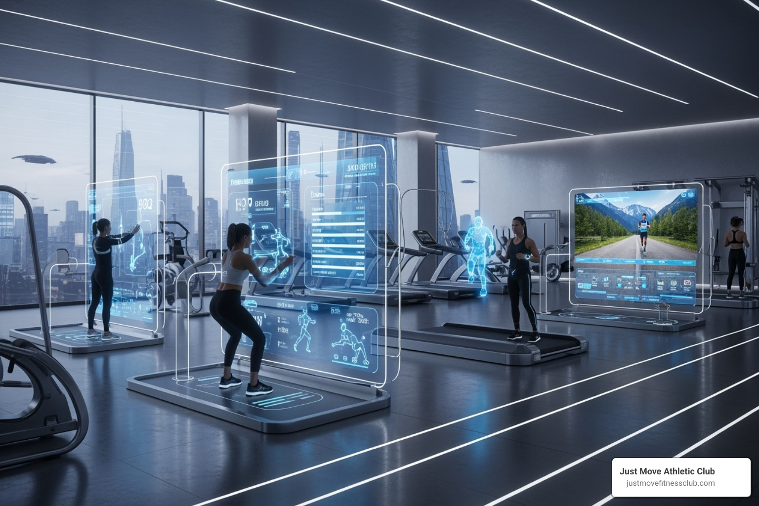 a futuristic gym space with integrated technology screens - physical activity complex