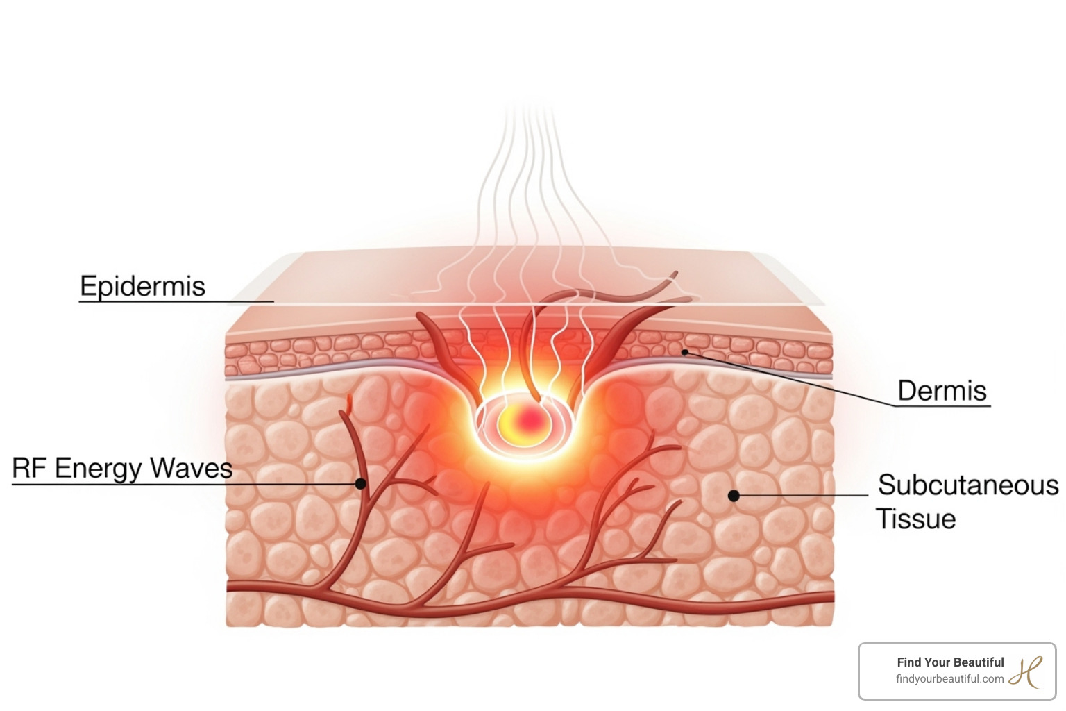 Diagram showing RF energy penetrating skin layers and heating the dermis - does radiofrequency tighten skin