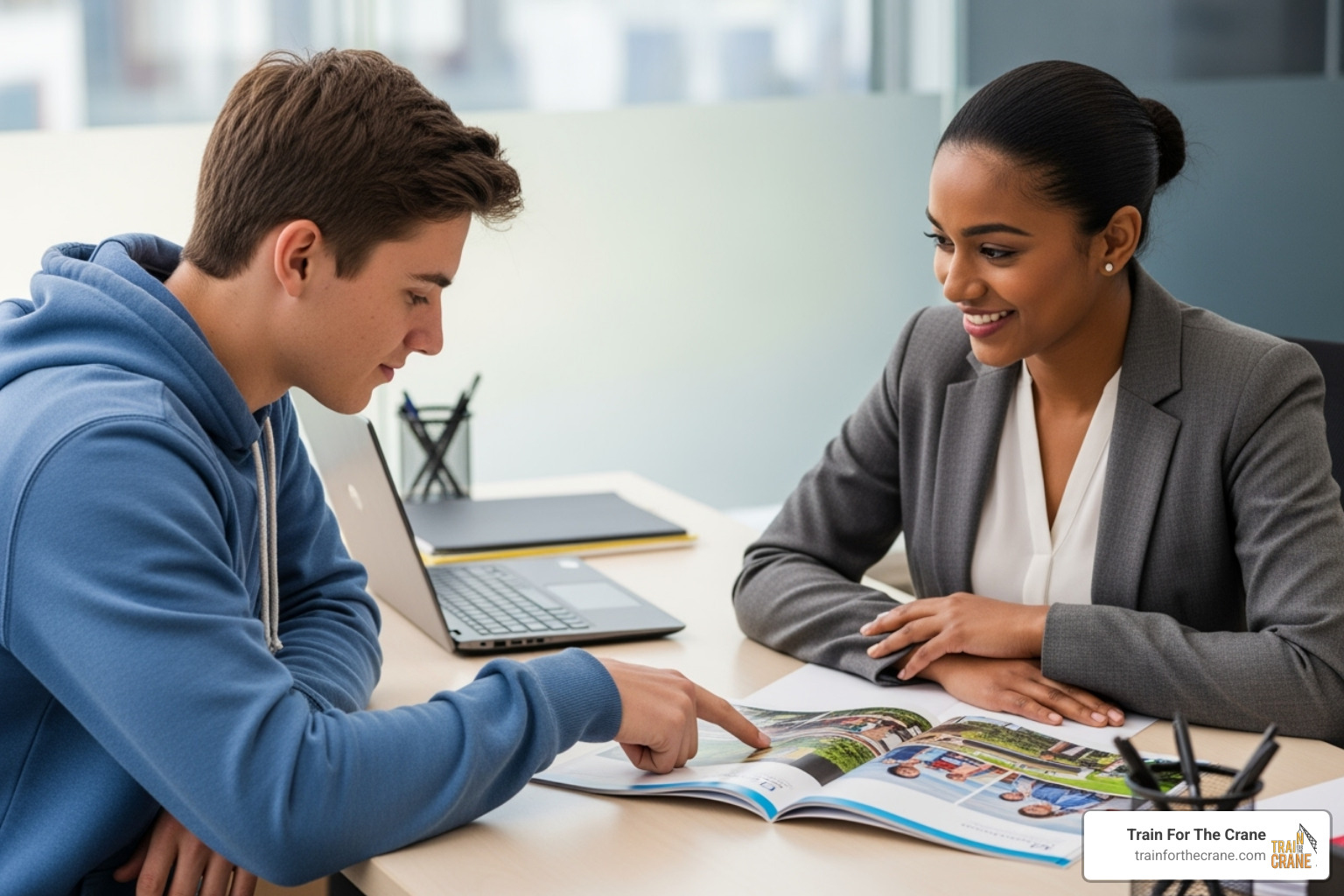 student and admissions advisor looking at a brochure - how many trade schools are in indiana