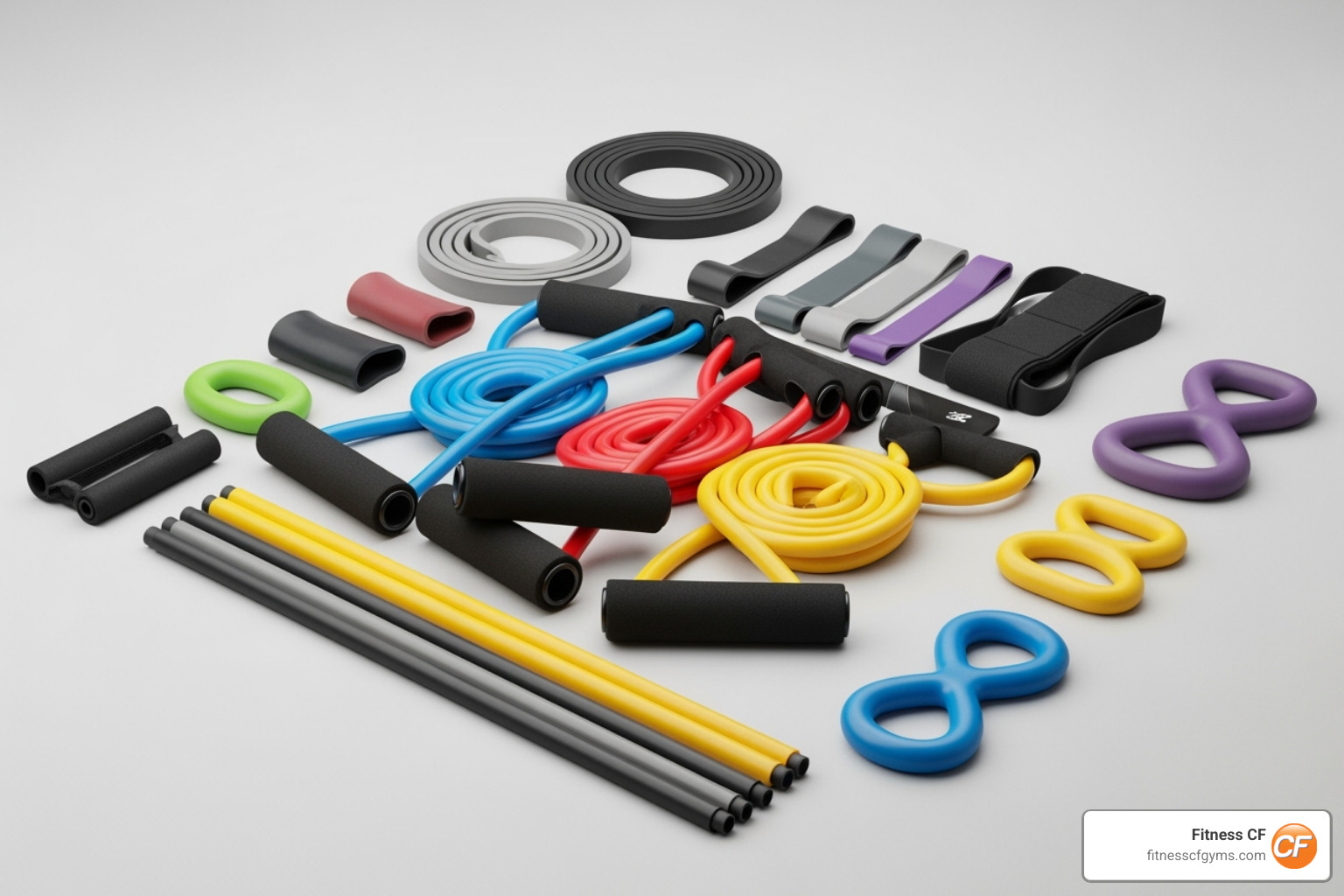 a collection of different resistance bands like tube, loop, and figure-8 bands - weight bands for arms