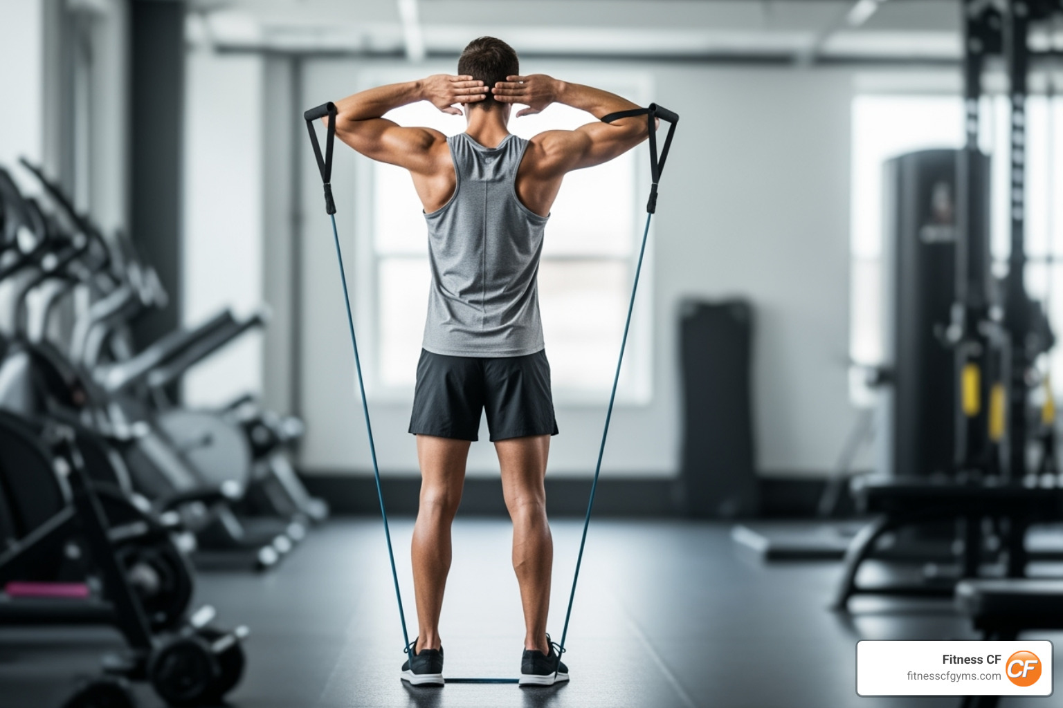 a person performing an overhead triceps extension with a resistance band - weight bands for arms