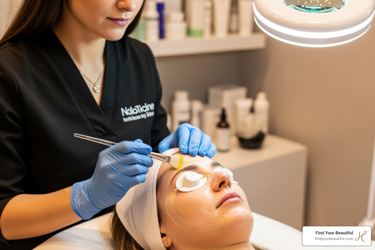 Aesthetician applying chemical peel solution to a patient's face - chemical peel vs laser resurfacing Aesthetician applying chemical peel solution to a patient's face - chemical peel vs laser resurfacing