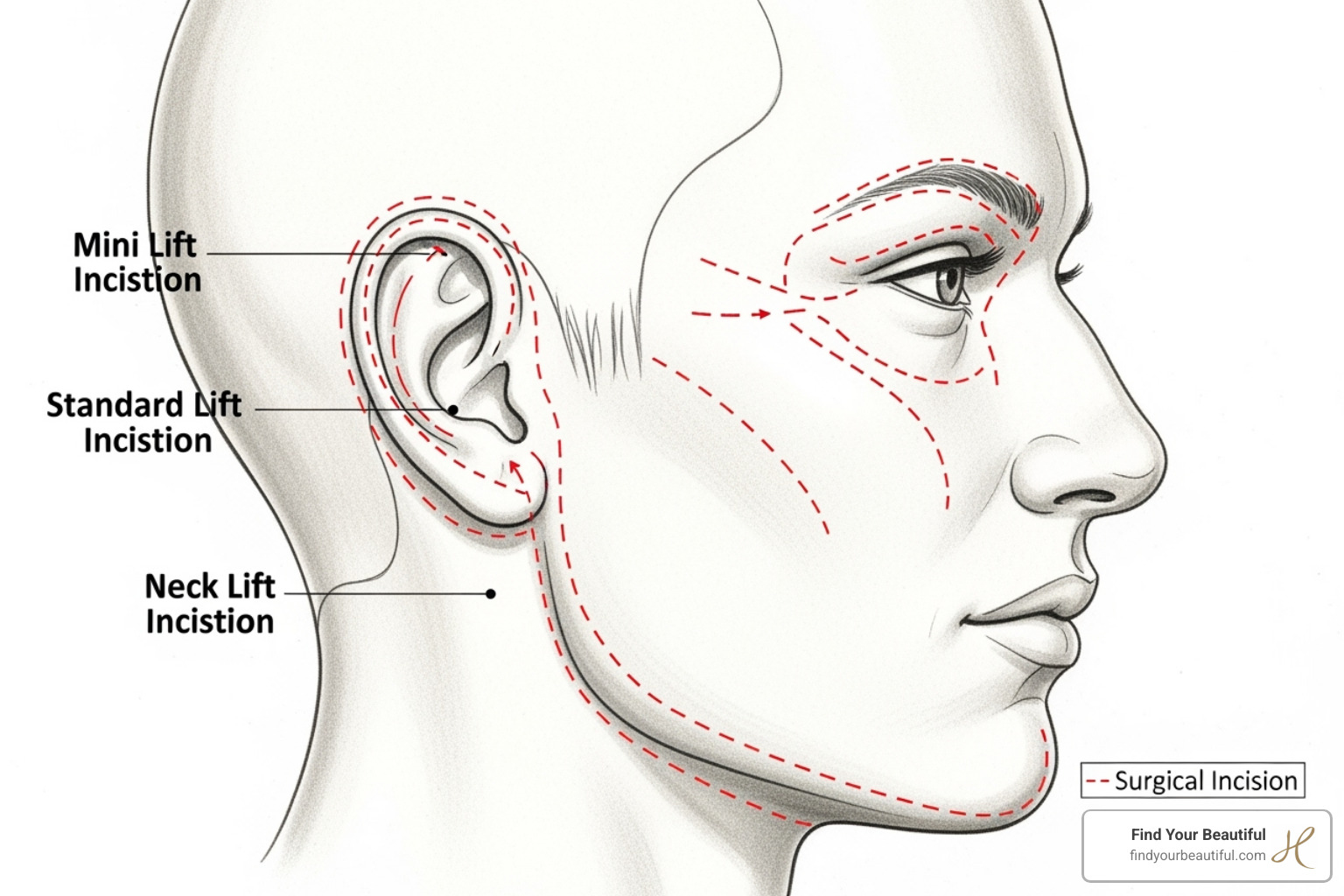 Image illustrating the different incision patterns for mini, standard, and neck lifts around the face and ears - Facelift - General