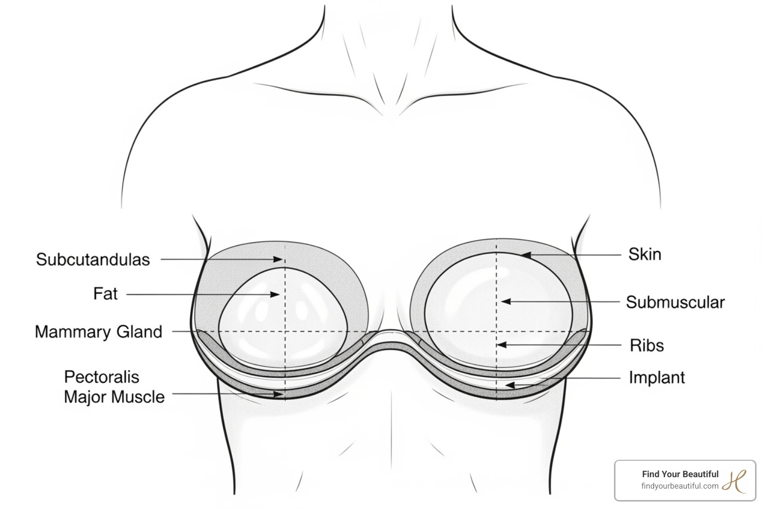 diagram showing subglandular vs. submuscular implant placement - Breast Augmentation - General diagram showing subglandular vs. submuscular implant placement - Breast Augmentation - General