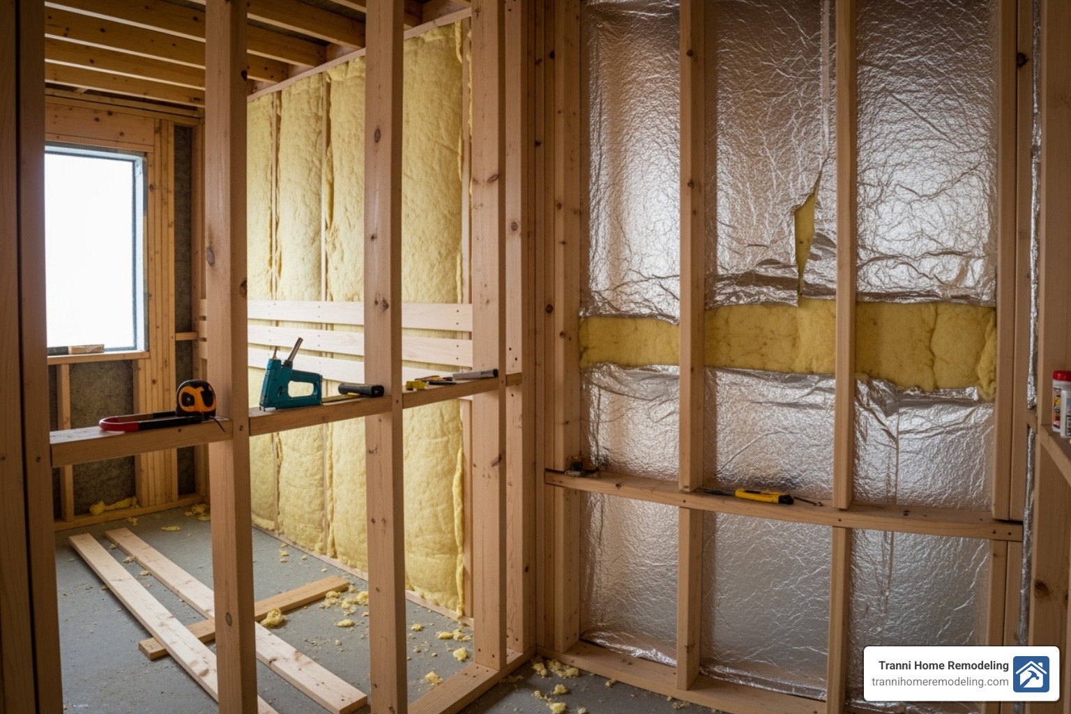Image of a sauna's wooden frame with insulation and a foil vapor barrier visible - Basement sauna installation Image of a sauna's wooden frame with insulation and a foil vapor barrier visible - Basement sauna installation
