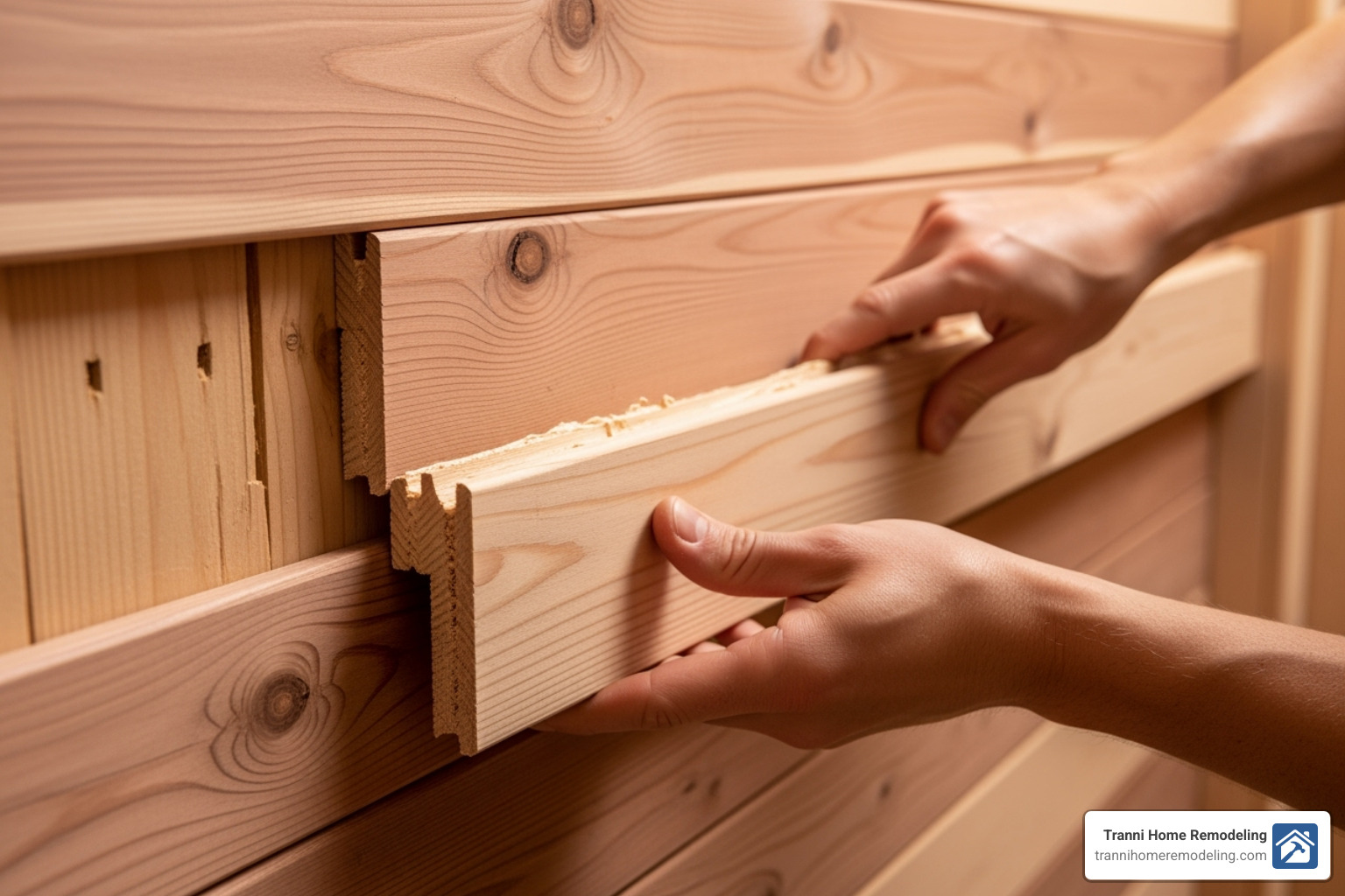 Image of cedar tongue-and-groove paneling being installed on a sauna wall - Basement sauna installation Image of cedar tongue-and-groove paneling being installed on a sauna wall - Basement sauna installation