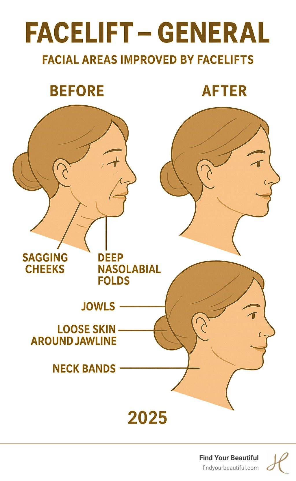 Infographic showing facial areas improved by facelifts including jowls, neck bands, deep nasolabial folds, loose skin around jawline, and sagging cheeks with before and after comparison illustrations - Facelift - General infographic 