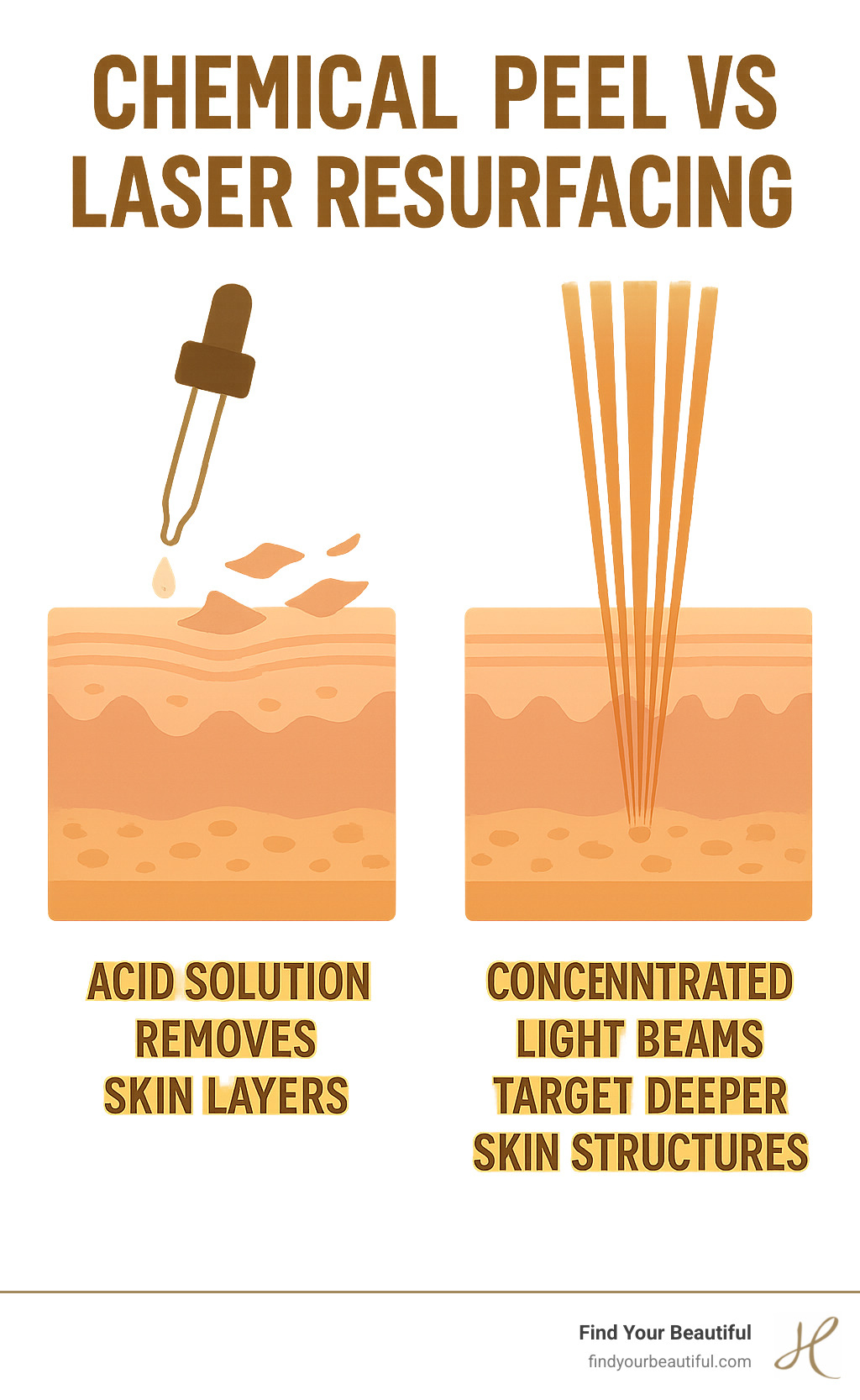 Infographic showing chemical peel process with acid solution removing skin layers versus laser resurfacing with concentrated light beams targeting deeper skin structures, highlighting the difference in penetration depth and mechanism of action - chemical peel vs laser resurfacing infographic Infographic showing chemical peel process with acid solution removing skin layers versus laser resurfacing with concentrated light beams targeting deeper skin structures, highlighting the difference in penetration depth and mechanism of action - chemical peel vs laser resurfacing infographic