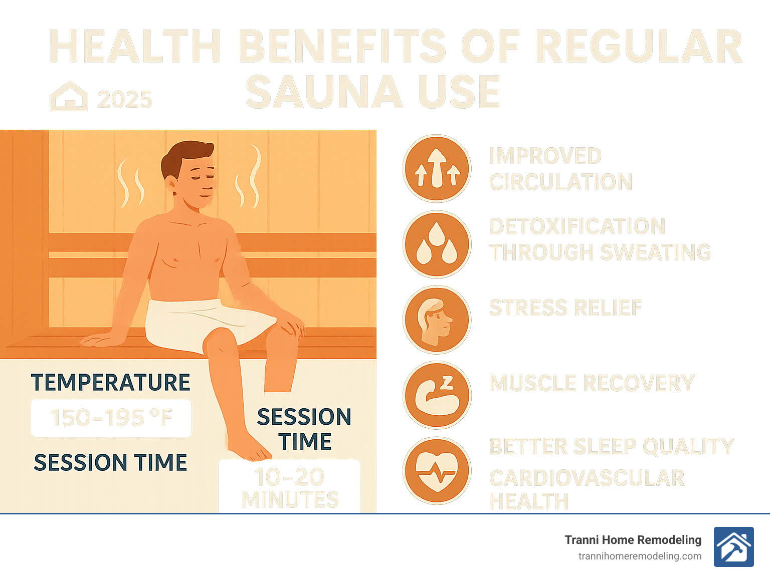Infographic showing health benefits of regular sauna use including improved circulation, detoxification through sweating, stress relief, muscle recovery, better sleep quality, and cardiovascular health benefits with temperature ranges and recommended session times - Basement sauna installation infographic Infographic showing health benefits of regular sauna use including improved circulation, detoxification through sweating, stress relief, muscle recovery, better sleep quality, and cardiovascular health benefits with temperature ranges and recommended session times - Basement sauna installation infographic