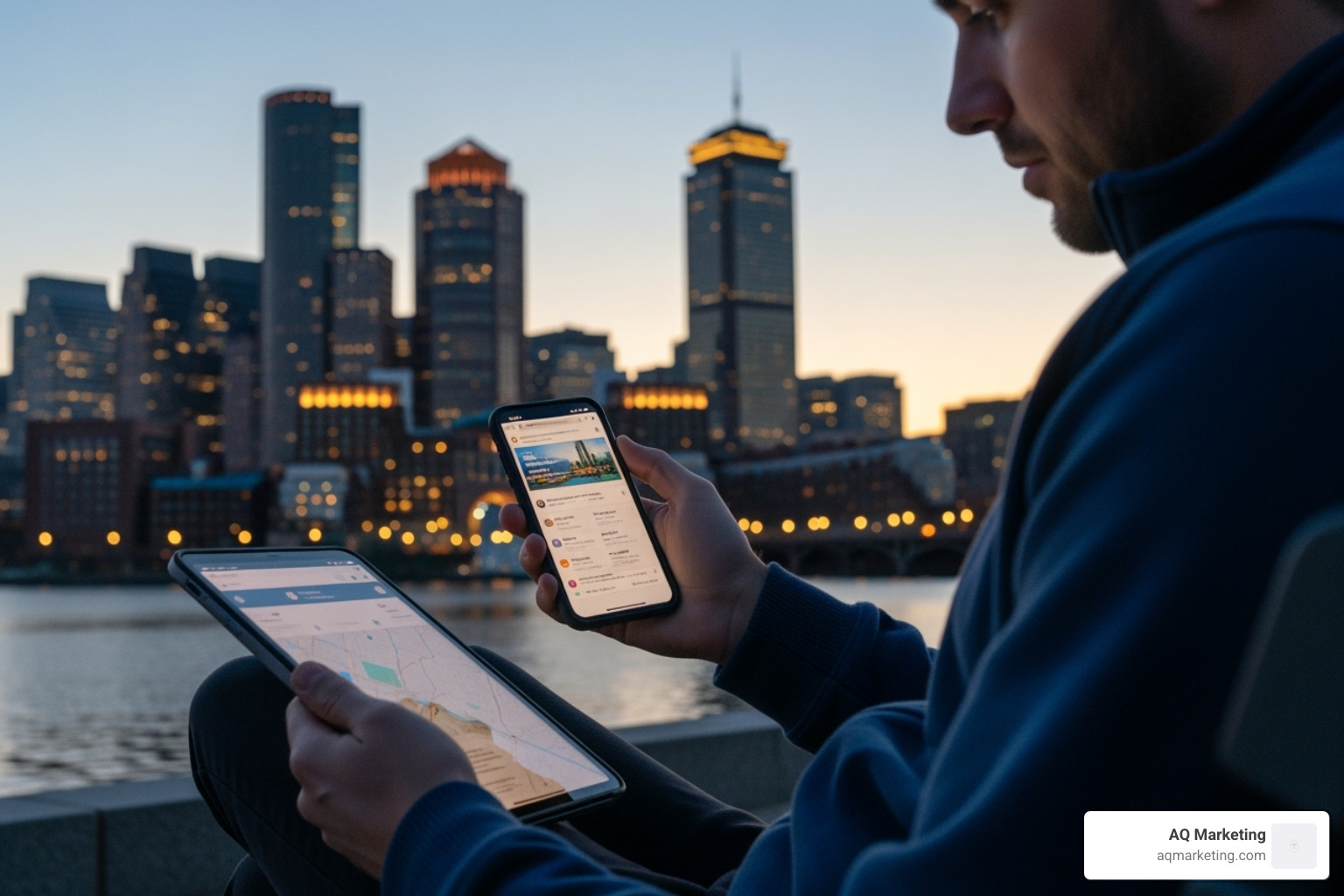 Person using multiple devices, searching for insurance, with a Boston skyline in the background - insurance agency marketing tips Person using multiple devices, searching for insurance, with a Boston skyline in the background - insurance agency marketing tips