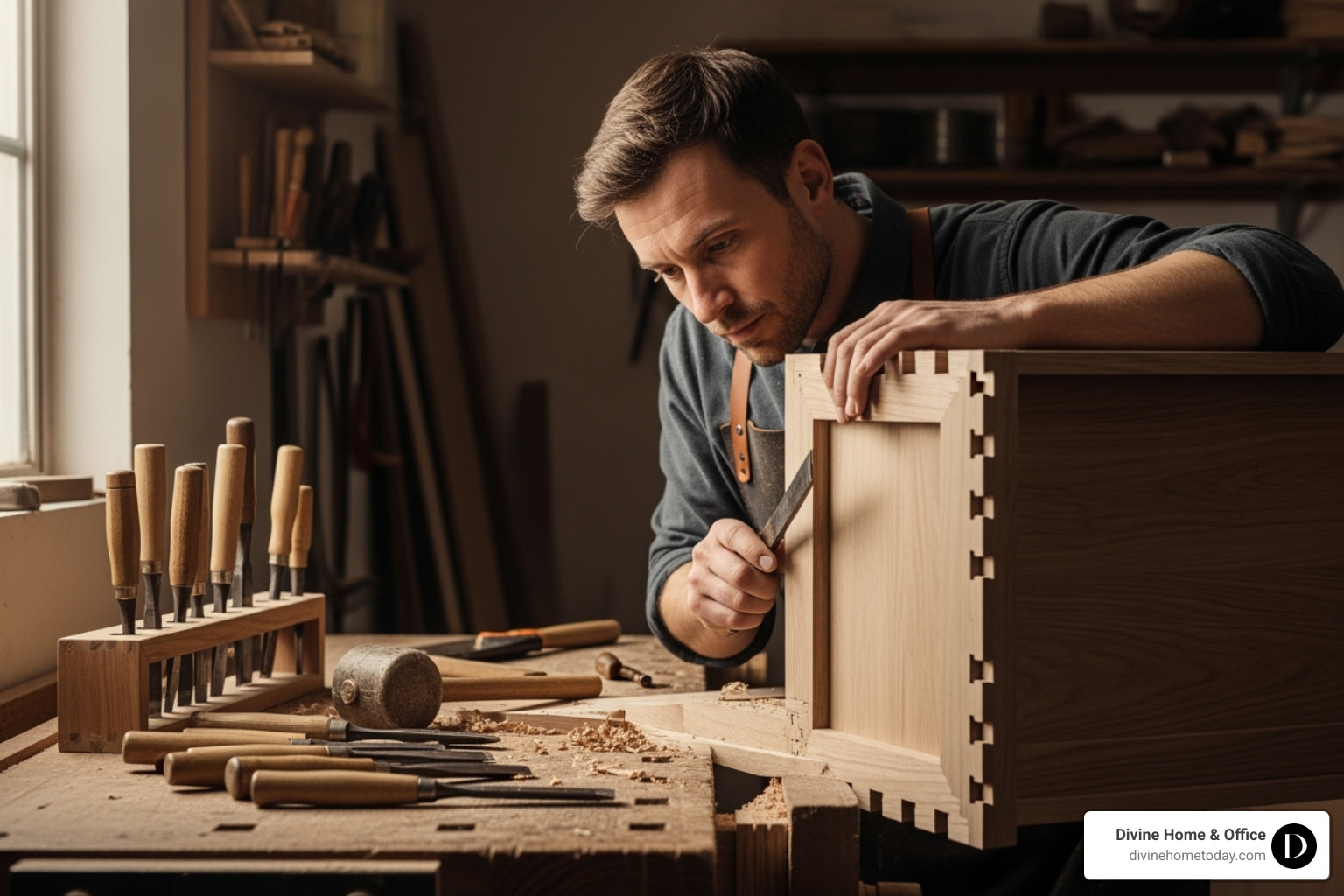a craftsman working on a piece of wood furniture, showing detailed joinery - high end furniture