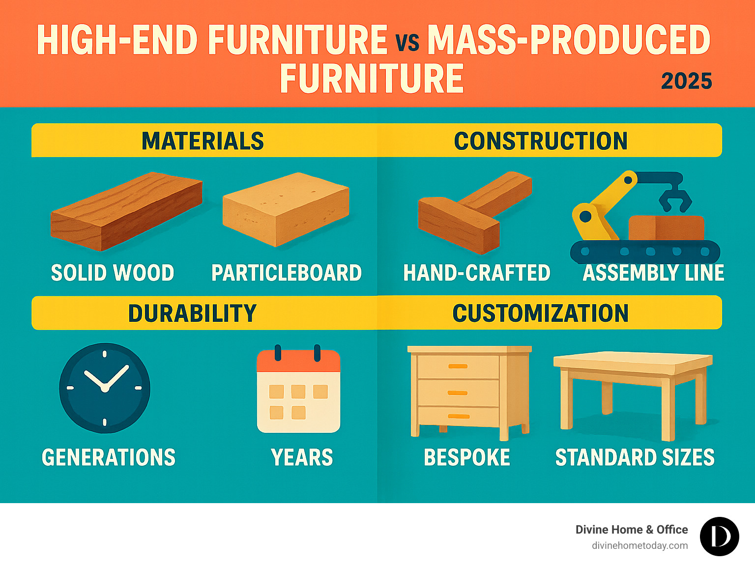 Comparison infographic showing the key differences between high-end furniture and mass-produced furniture, including materials used (solid wood vs particleboard), construction methods (hand-crafted vs assembly line), durability timeline (generations vs years), and customization options (bespoke vs standard sizes) - high end furniture infographic 