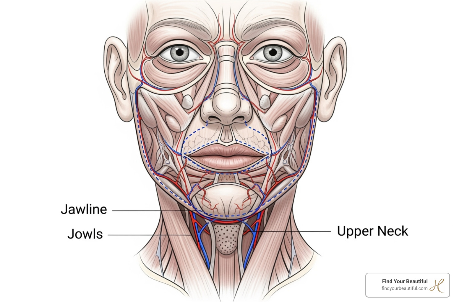 A diagram illustrating the areas of the face that can be addressed with a mini-facelift, including the jowls and neck.