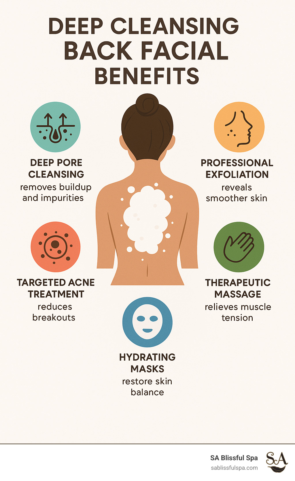Deep Cleansing Back Facial Benefits: Deep pore cleansing removes buildup and impurities, Professional exfoliation reveals smoother skin, Targeted acne treatment reduces breakouts, Therapeutic massage relieves muscle tension, Hydrating masks restore skin balance - deep cleansing back facial infographic 