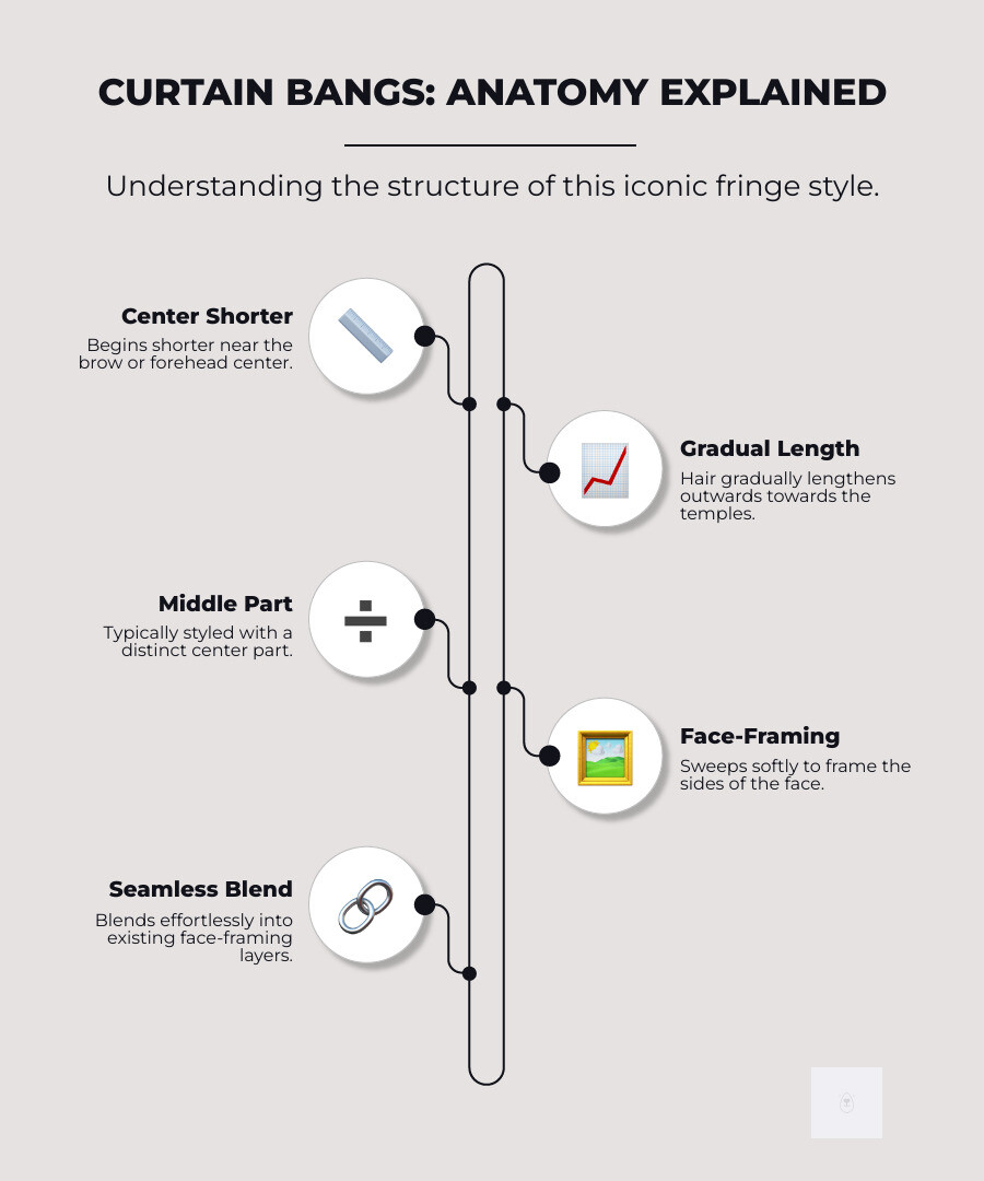 Infographic showing curtain bangs anatomy: center-parted fringe that is shortest at the middle of the forehead and gradually lengthens toward the temples, with styling arrows showing the outward sweep motion and labels indicating key measurements and proportions - curtain bangs infographic infographic-line-5-steps-neat_beige