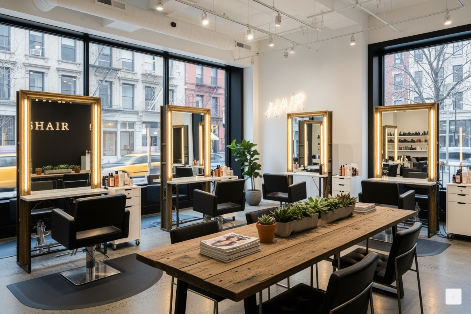 Stylish New York City hair salon interior - curtain bangs