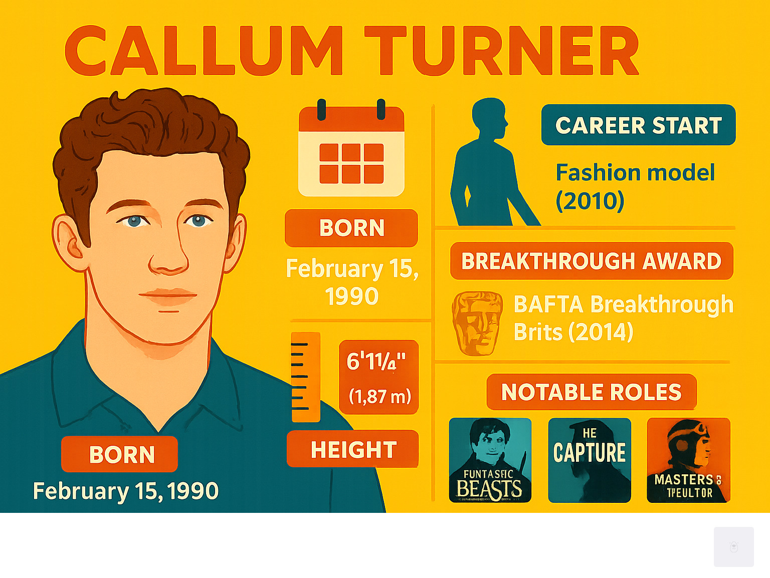Infographic detailing Callum Turner's key career milestones, including his birth date, height, start in modeling, BAFTA award, and major film and TV roles like Fantastic Beasts, The Capture, and Masters of the Air - callum turner infographic 