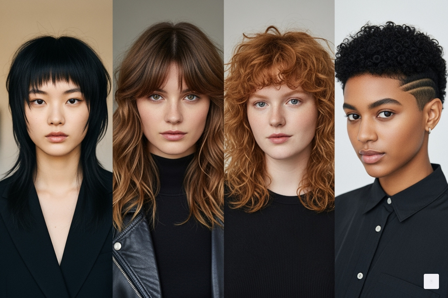 Four different people with wolf cuts, showcasing diverse hair types and face shapes. - wolf cut