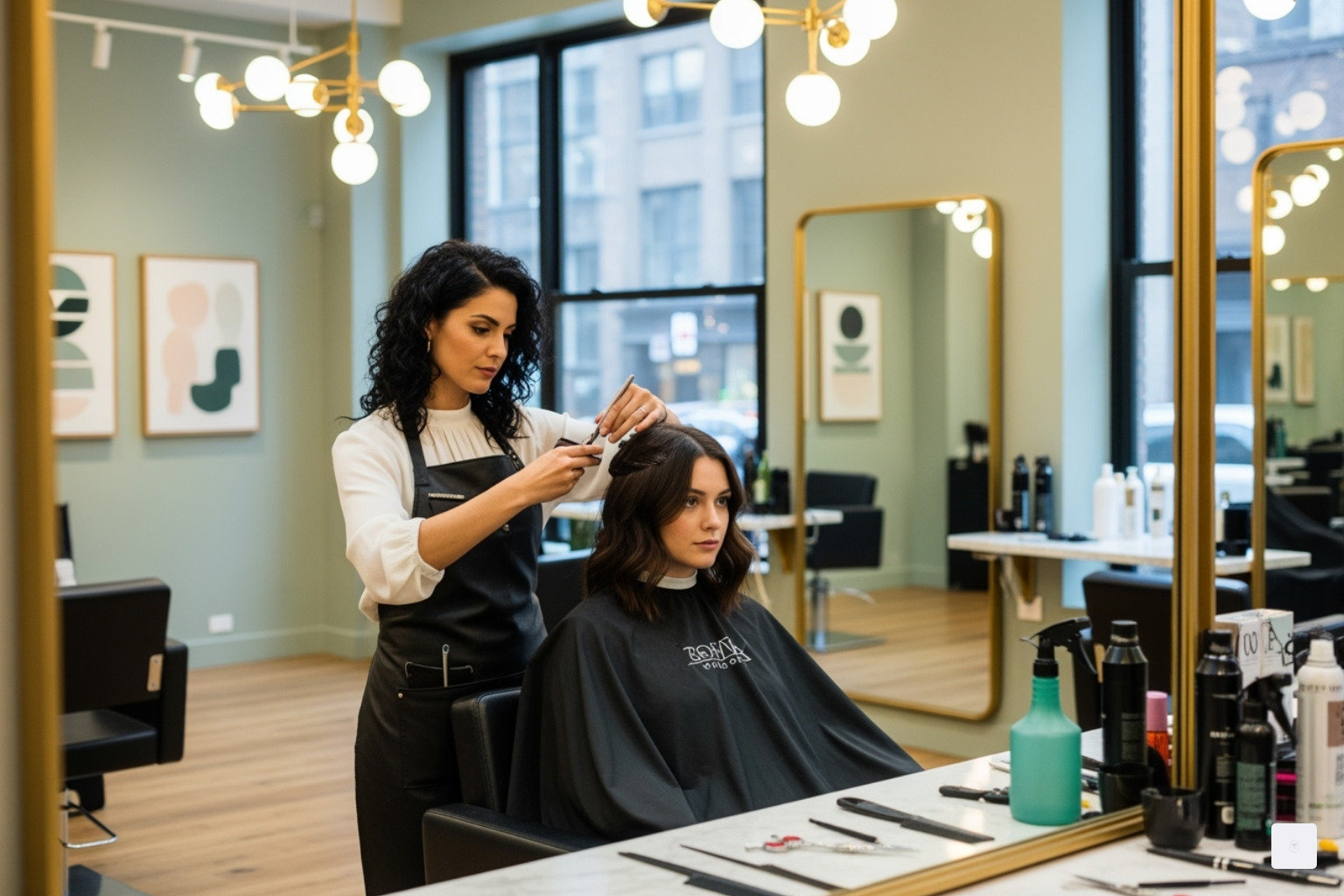 Stylist cutting a wolf cut in a chic Manhattan salon. - wolf cut