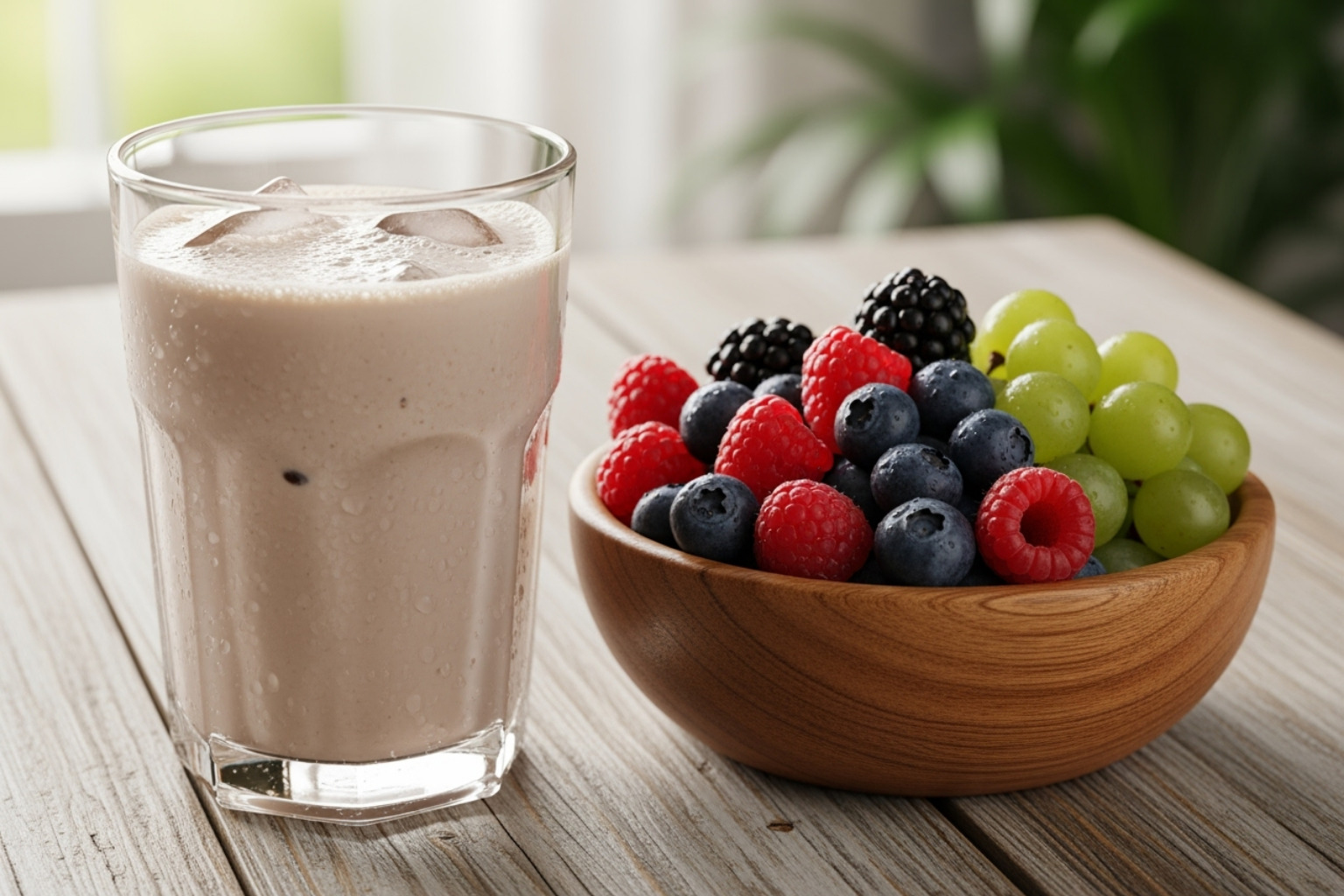 Protein shake next to a bowl of berries - What helps sore muscles?