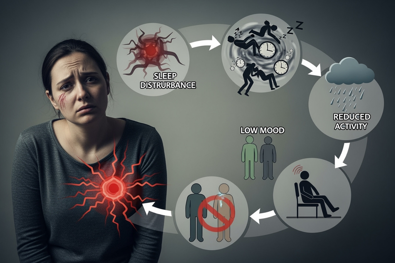 Image illustrating the vicious cycle of chronic pain leading to fatigue, sleep disturbances, mood changes, and reduced activity, which in turn exacerbate the pain - what is chronic pain